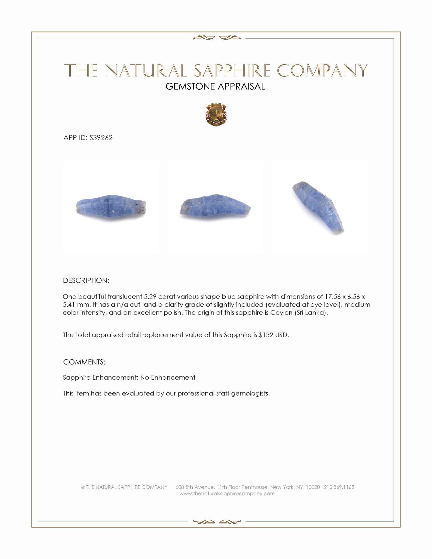 5.29 Ct. Blue Sapphire Crystal from Ceylon (Sri Lanka)