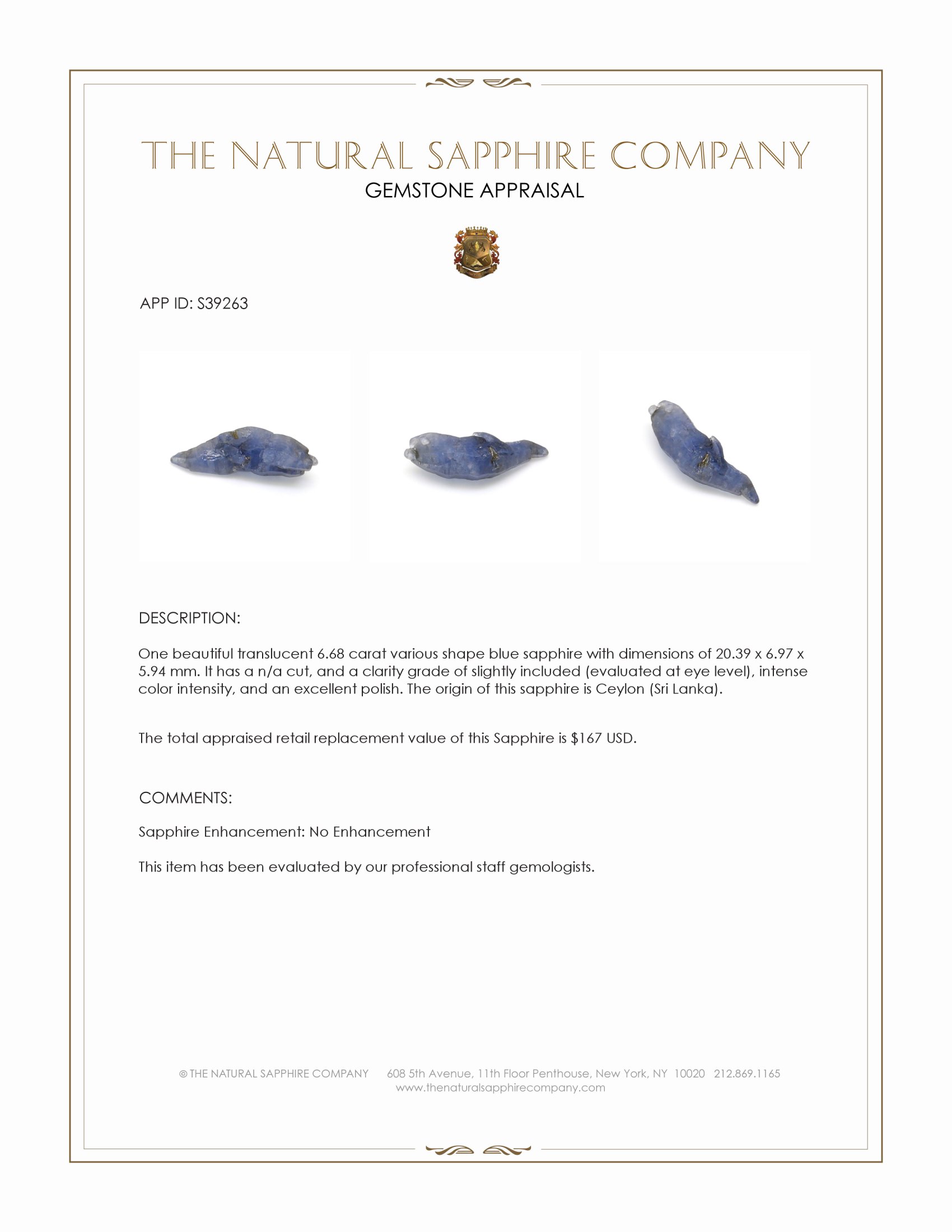 6.68 Ct. Blue Sapphire Crystal from Ceylon (Sri Lanka)