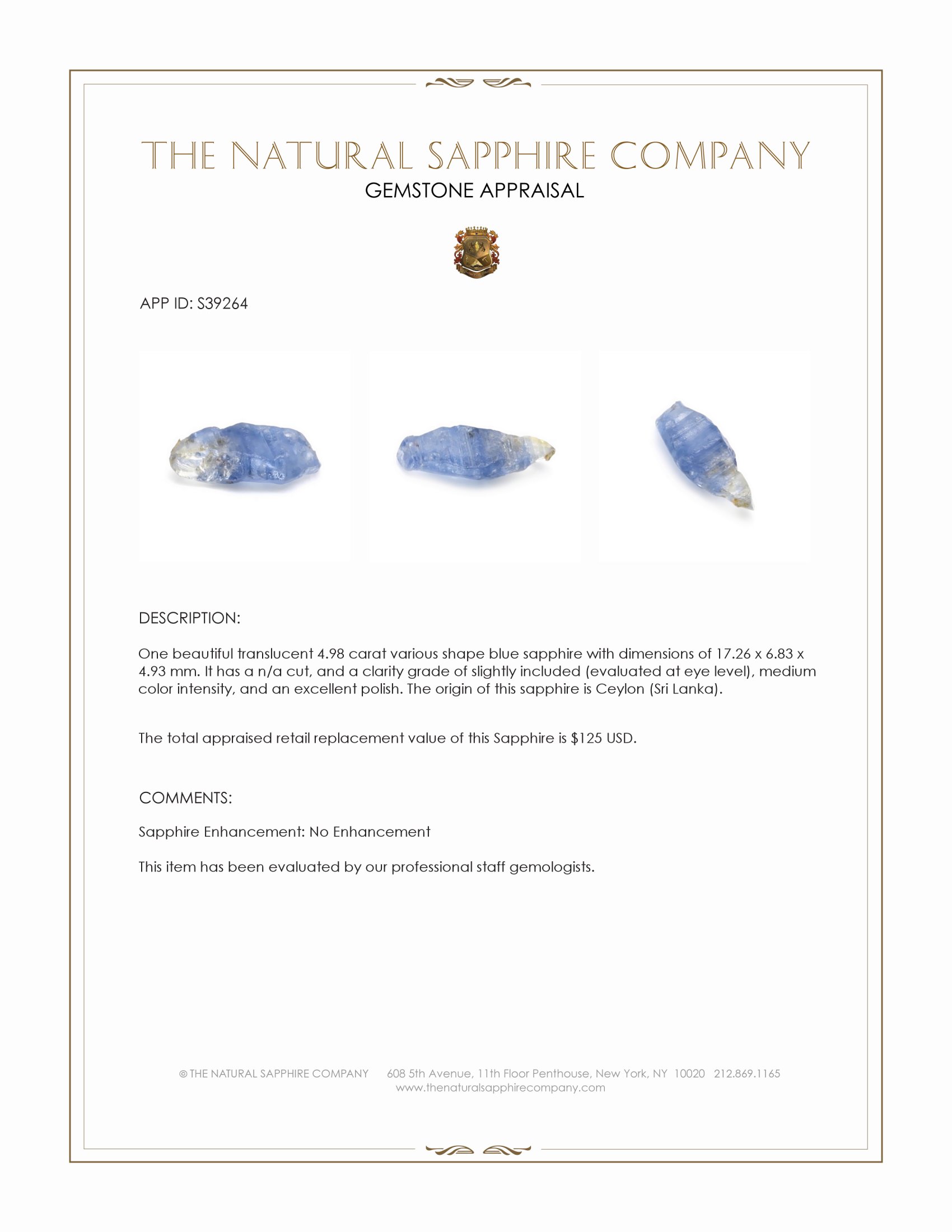 4.98 Ct. Blue Sapphire Crystal from Ceylon (Sri Lanka)