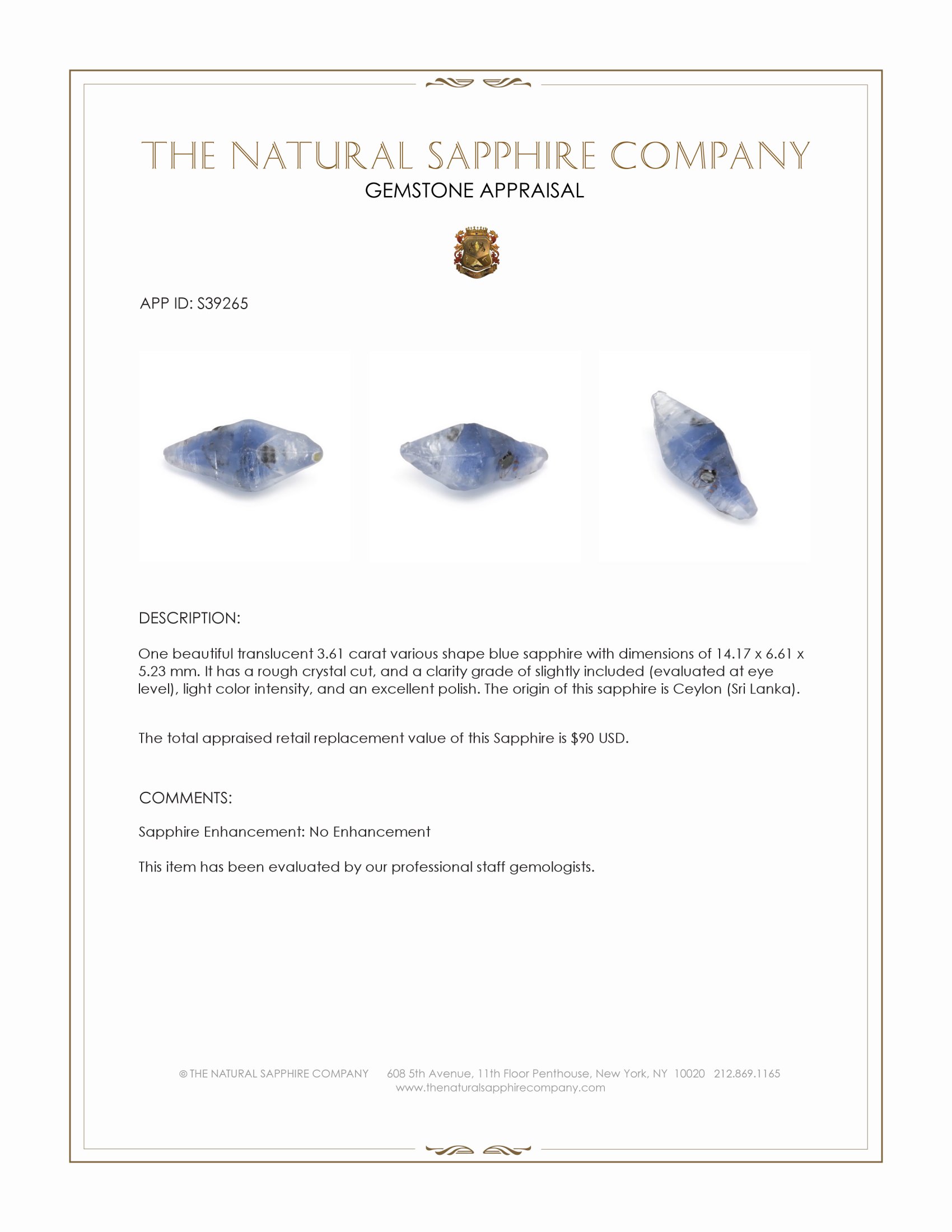 3.61 Ct. Blue Sapphire Crystal from Ceylon (Sri Lanka)