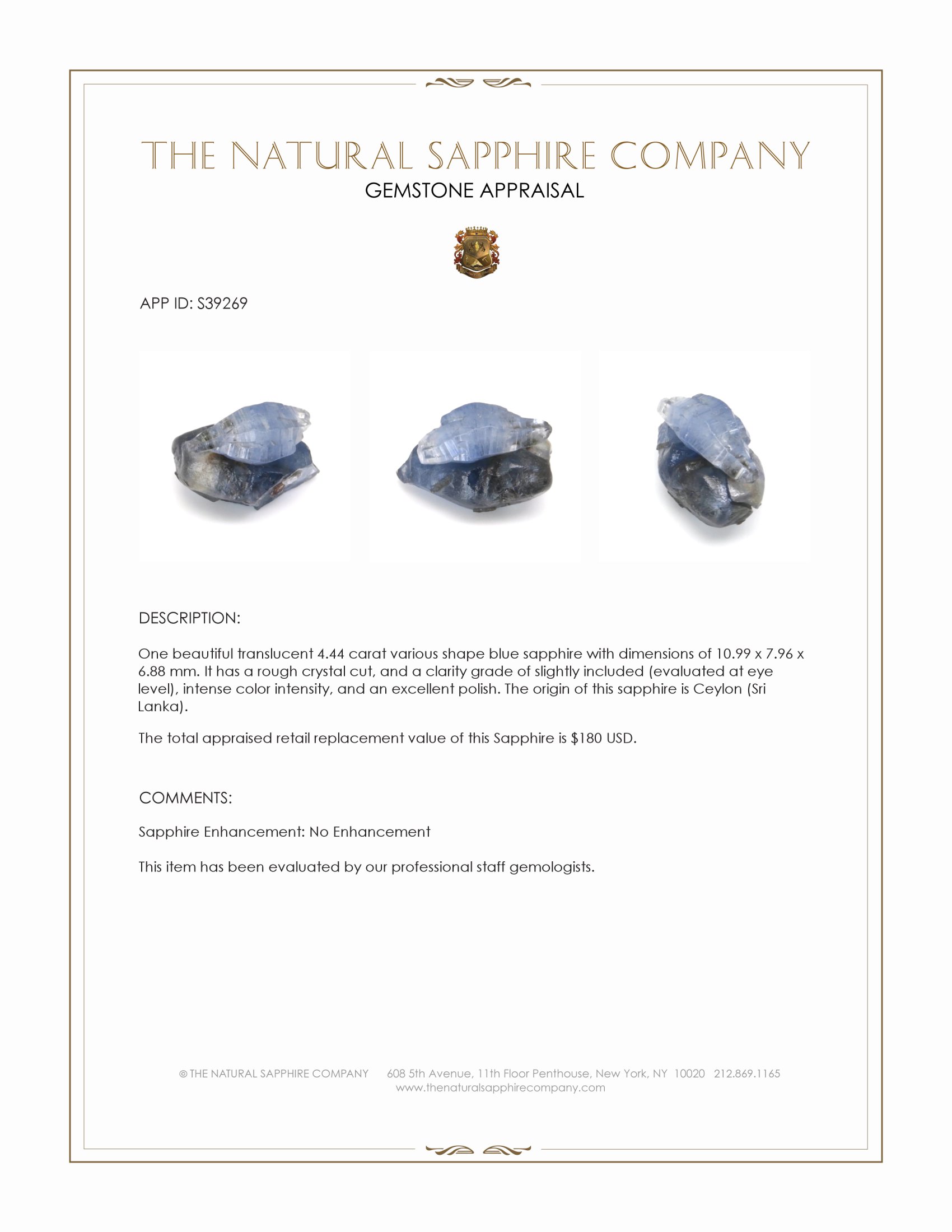 4.44 Ct. Blue Sapphire Crystal from Ceylon (Sri Lanka)