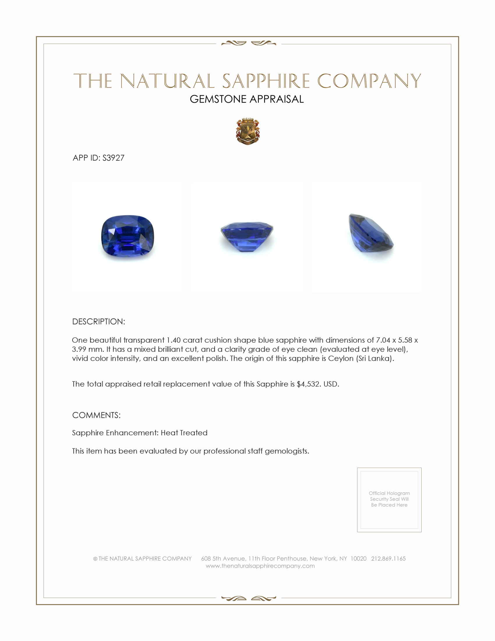 1.40 Ct. Blue Sapphire from Ceylon (Sri Lanka)