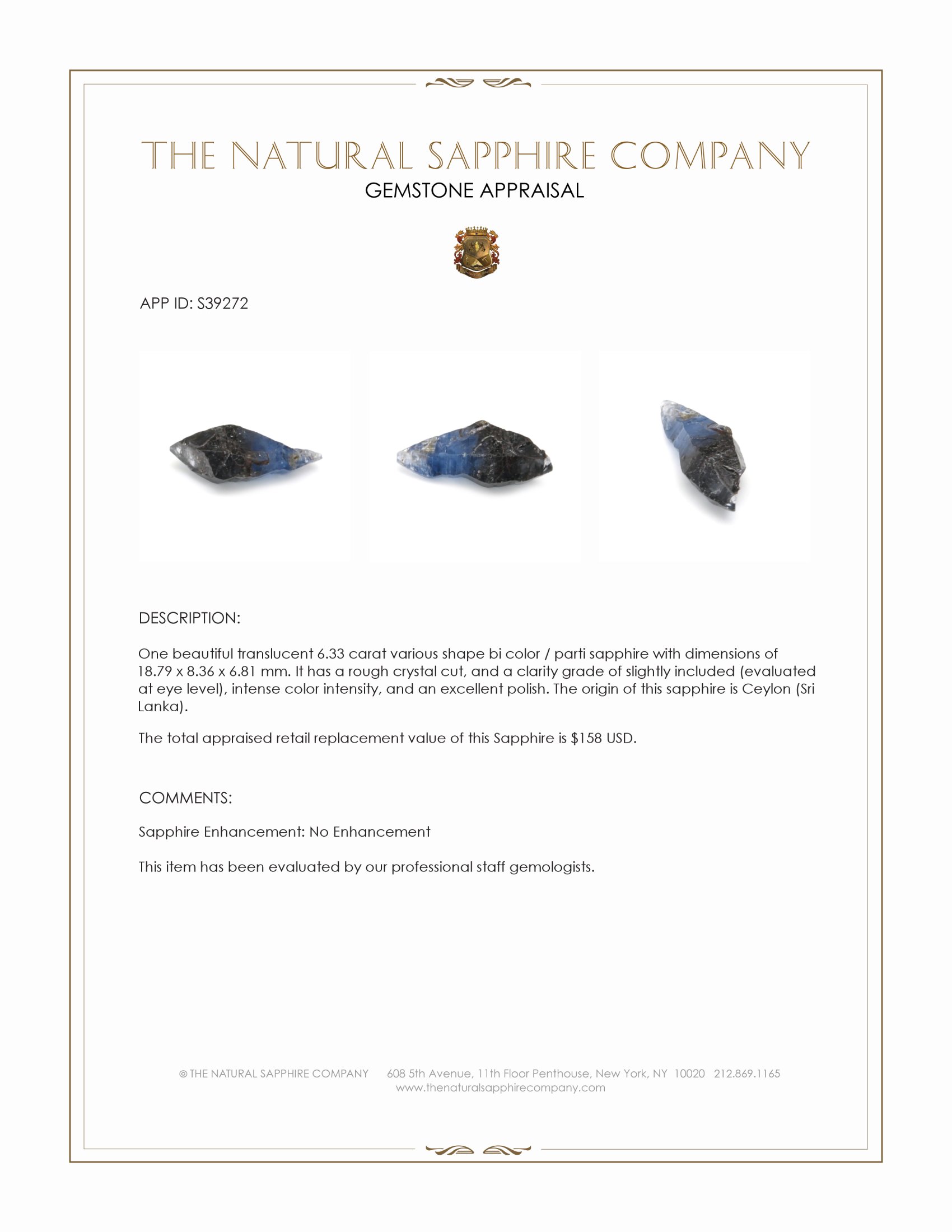 6.33 Ct. Bi Color / Parti Sapphire Crystal from Ceylon (Sri Lanka)