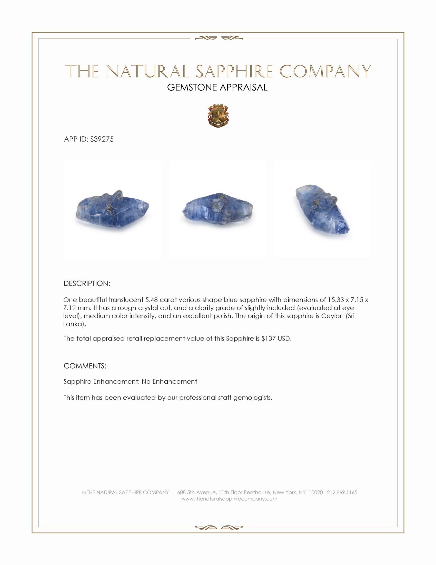 5.48 Ct. Blue Sapphire Crystal from Ceylon (Sri Lanka)