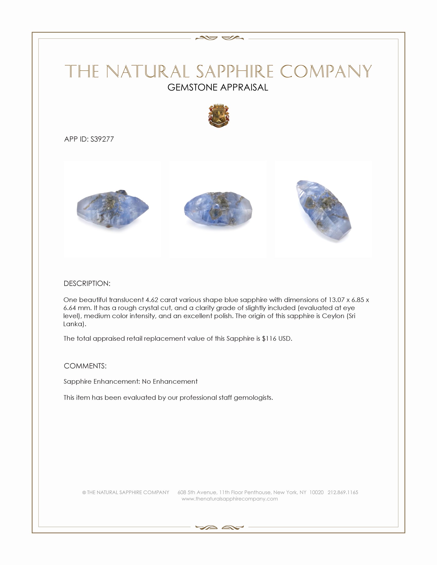 4.62 Ct. Blue Sapphire Crystal from Ceylon (Sri Lanka)