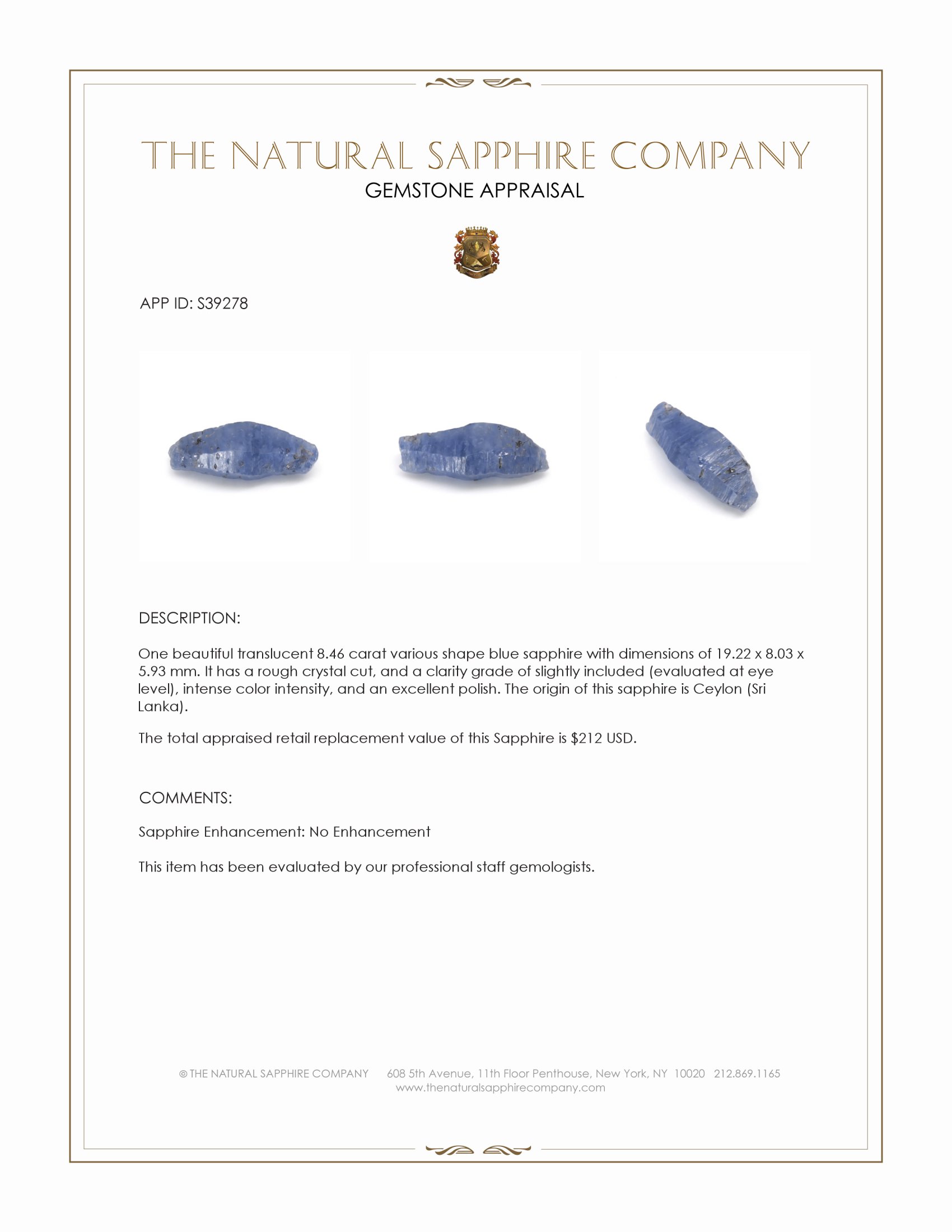 8.46 Ct. Blue Sapphire Crystal from Ceylon (Sri Lanka)