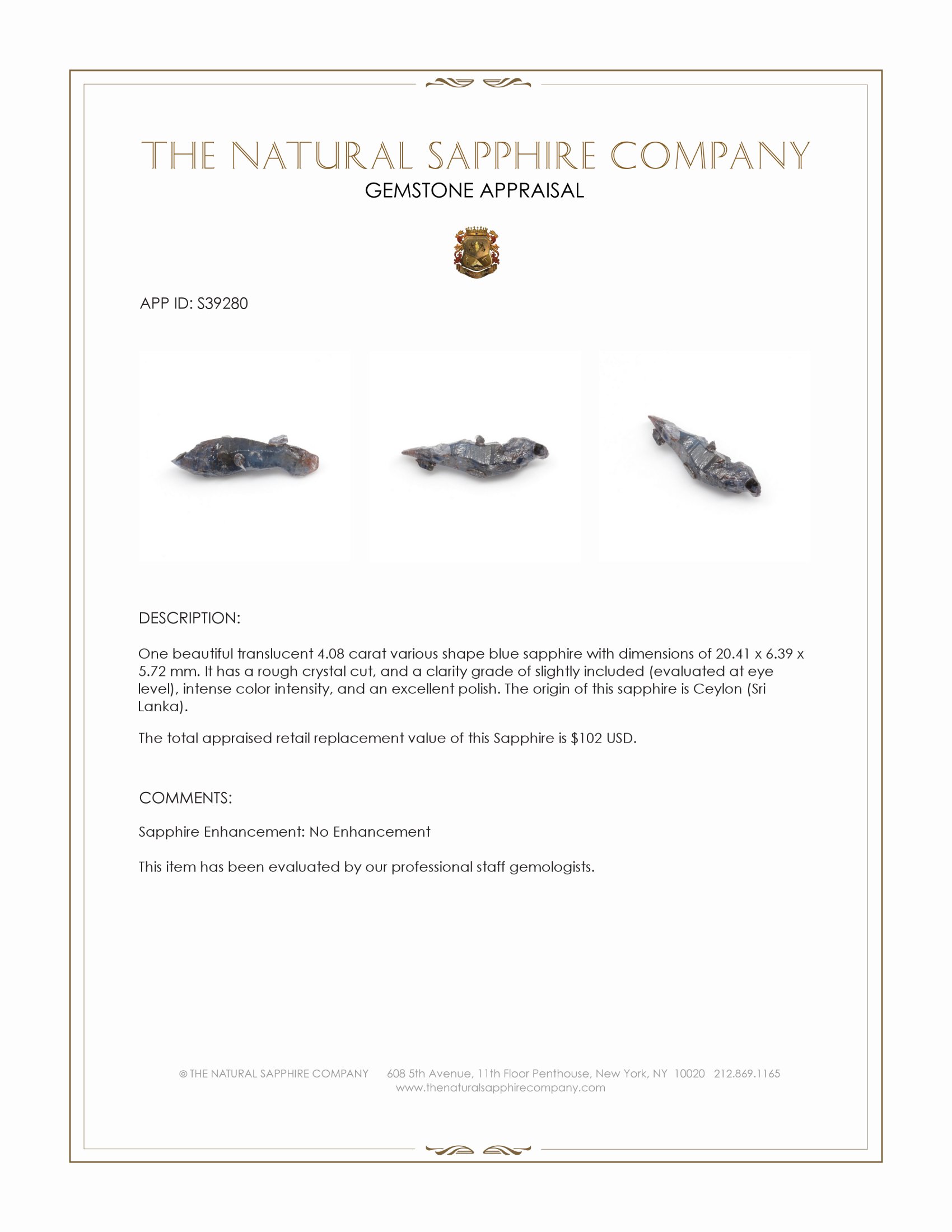 4.08 Ct. Blue Sapphire Crystal from Ceylon (Sri Lanka)