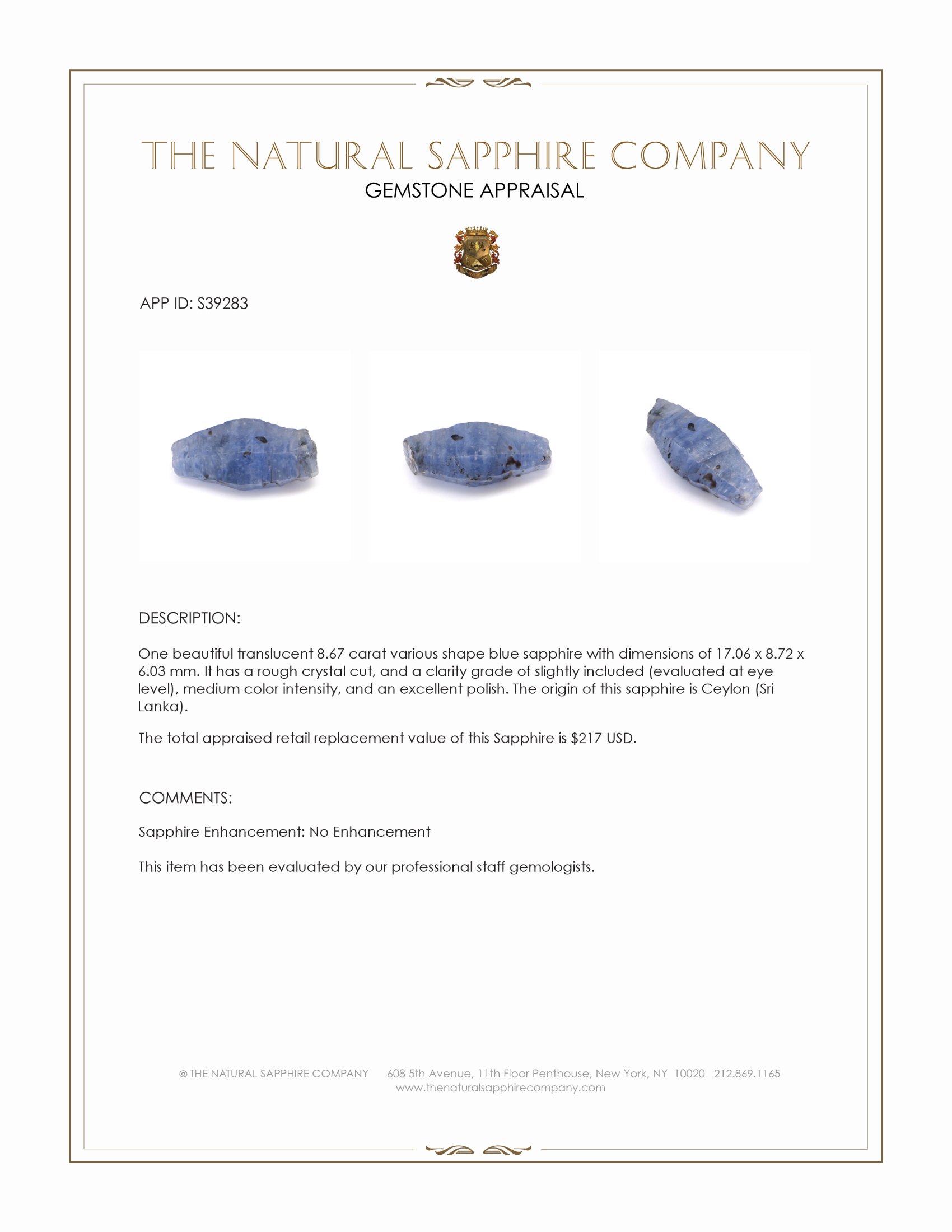 8.67 Ct. Blue Sapphire Crystal from Ceylon (Sri Lanka)