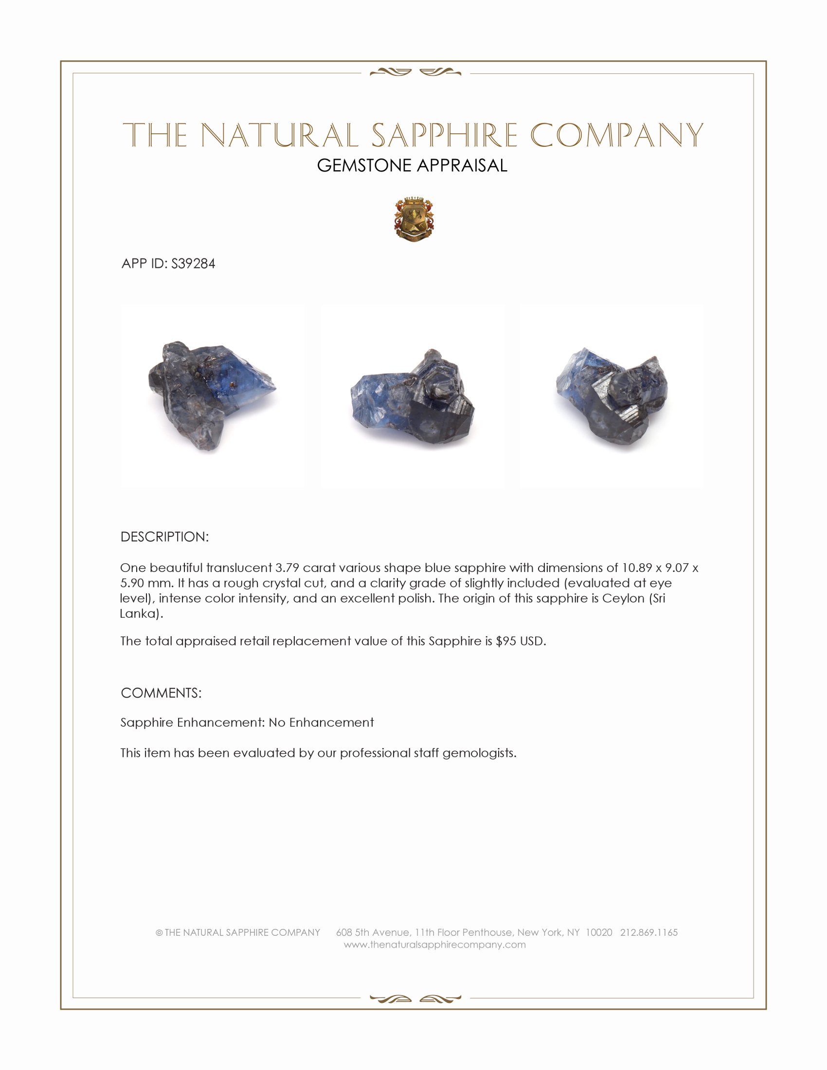 3.79 Ct. Blue Sapphire Crystal from Ceylon (Sri Lanka)