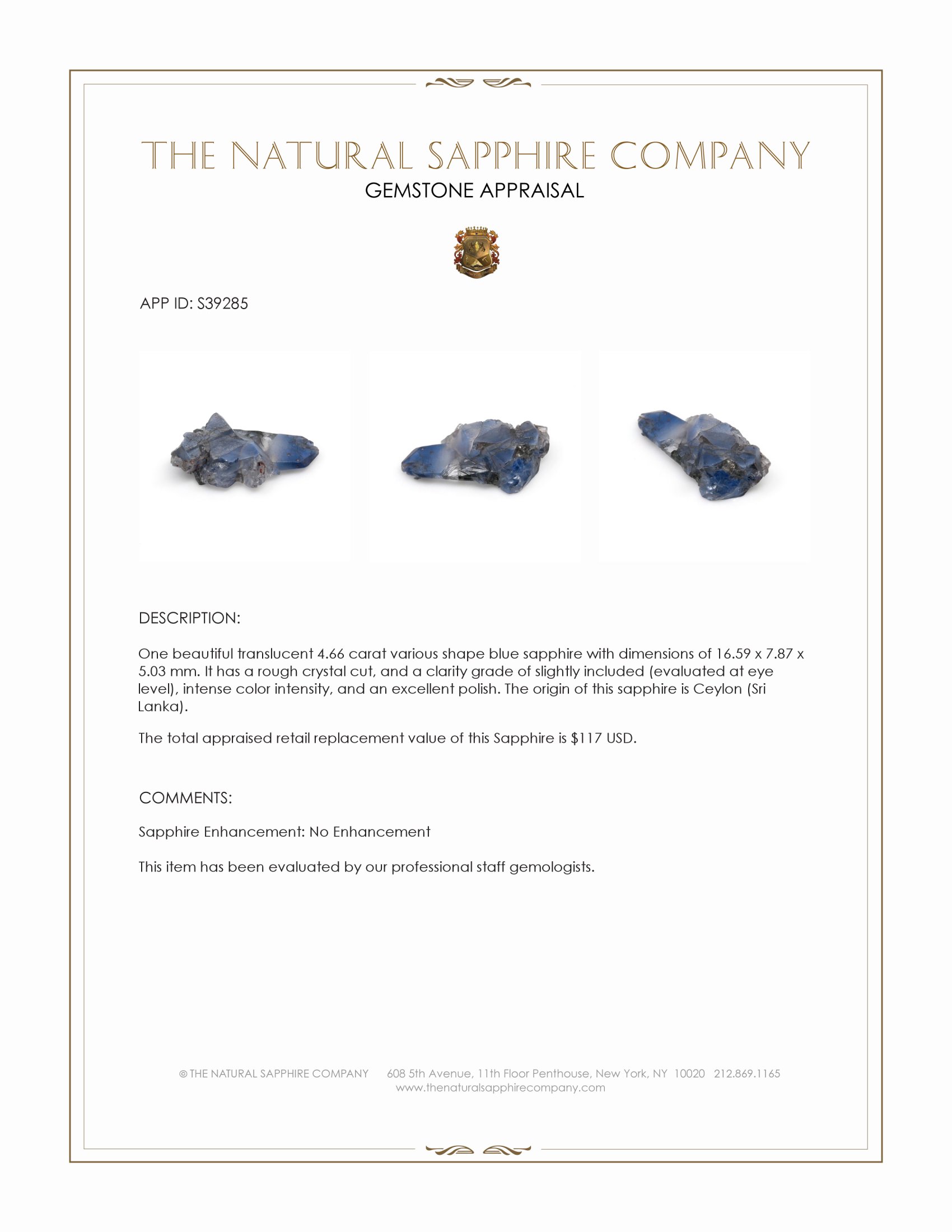 4.66 Ct. Blue Sapphire Crystal from Ceylon (Sri Lanka)
