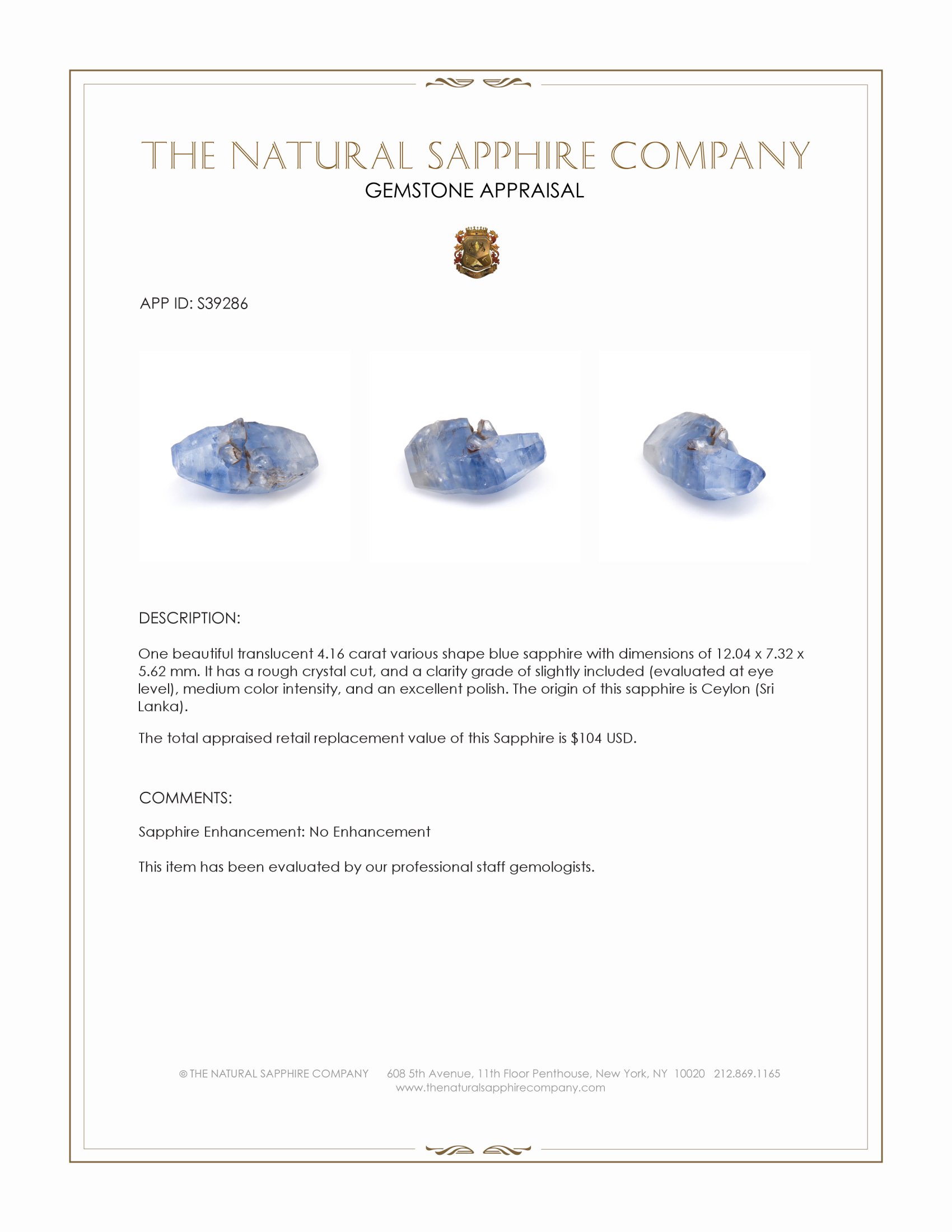 4.16 Ct. Blue Sapphire Crystal from Ceylon (Sri Lanka)