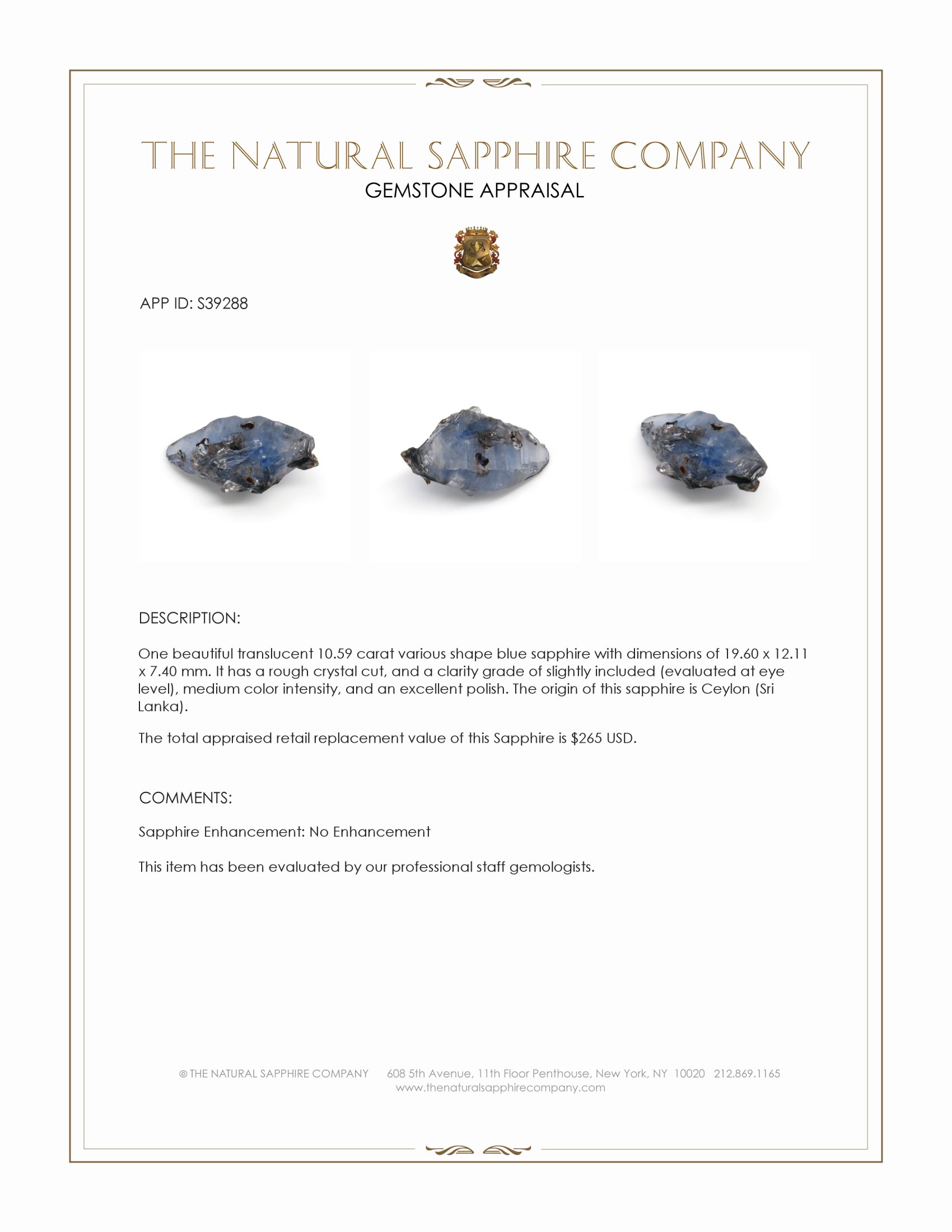 10.59 Ct. Blue Sapphire Crystal from Ceylon (Sri Lanka)
