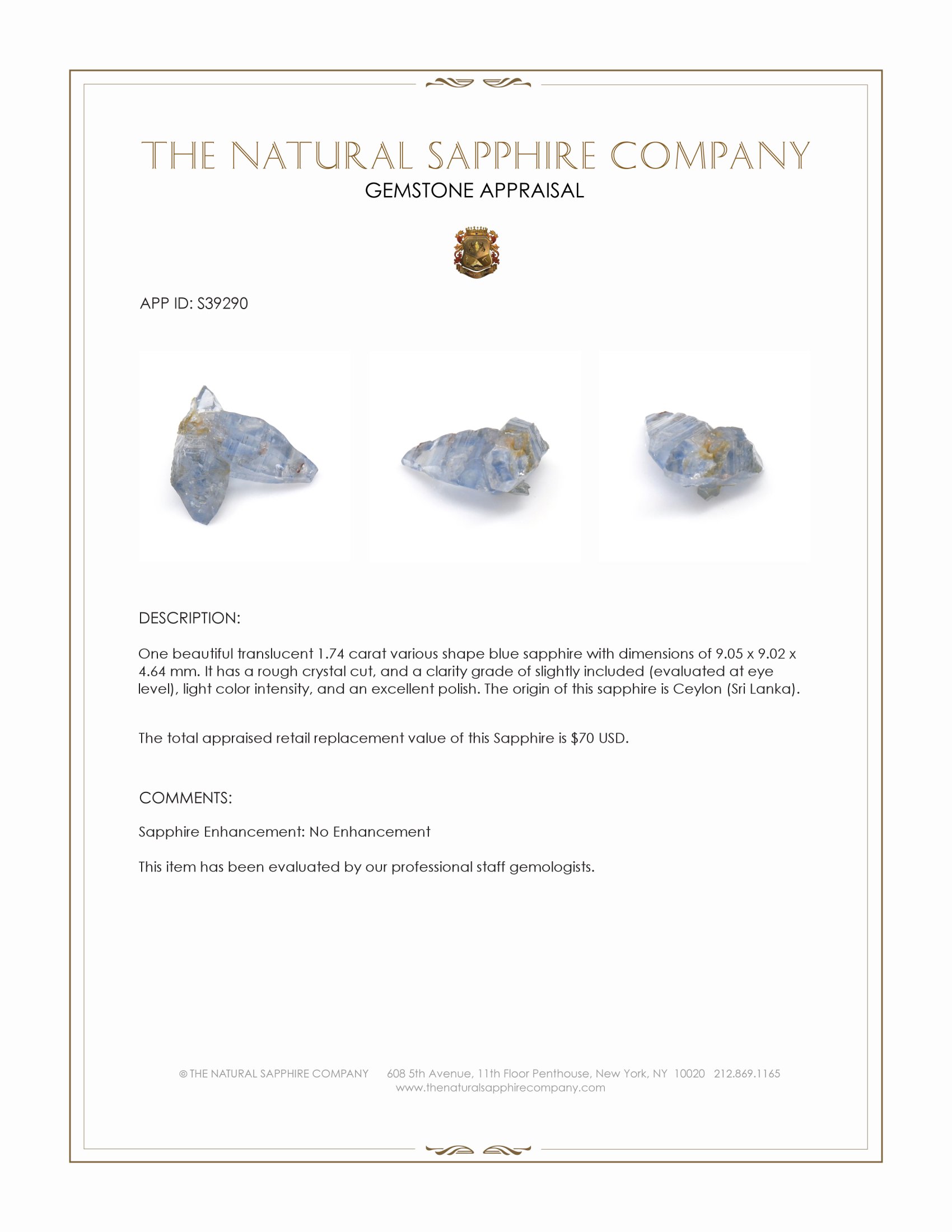 1.74 Ct. Blue Sapphire Crystal from Ceylon (Sri Lanka)