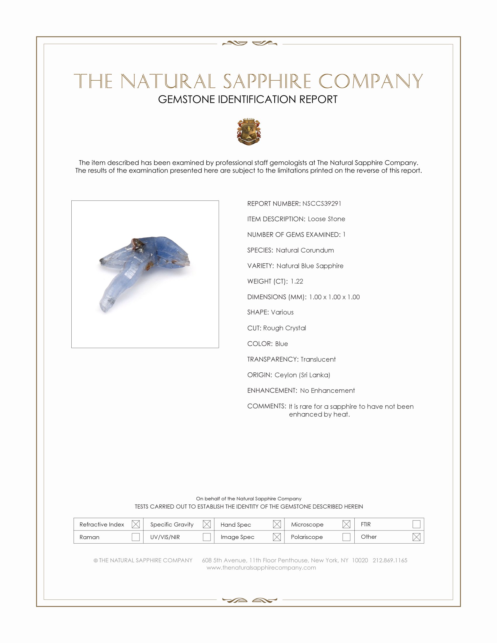 1.22 Ct. Blue Sapphire Crystal from Ceylon (Sri Lanka)