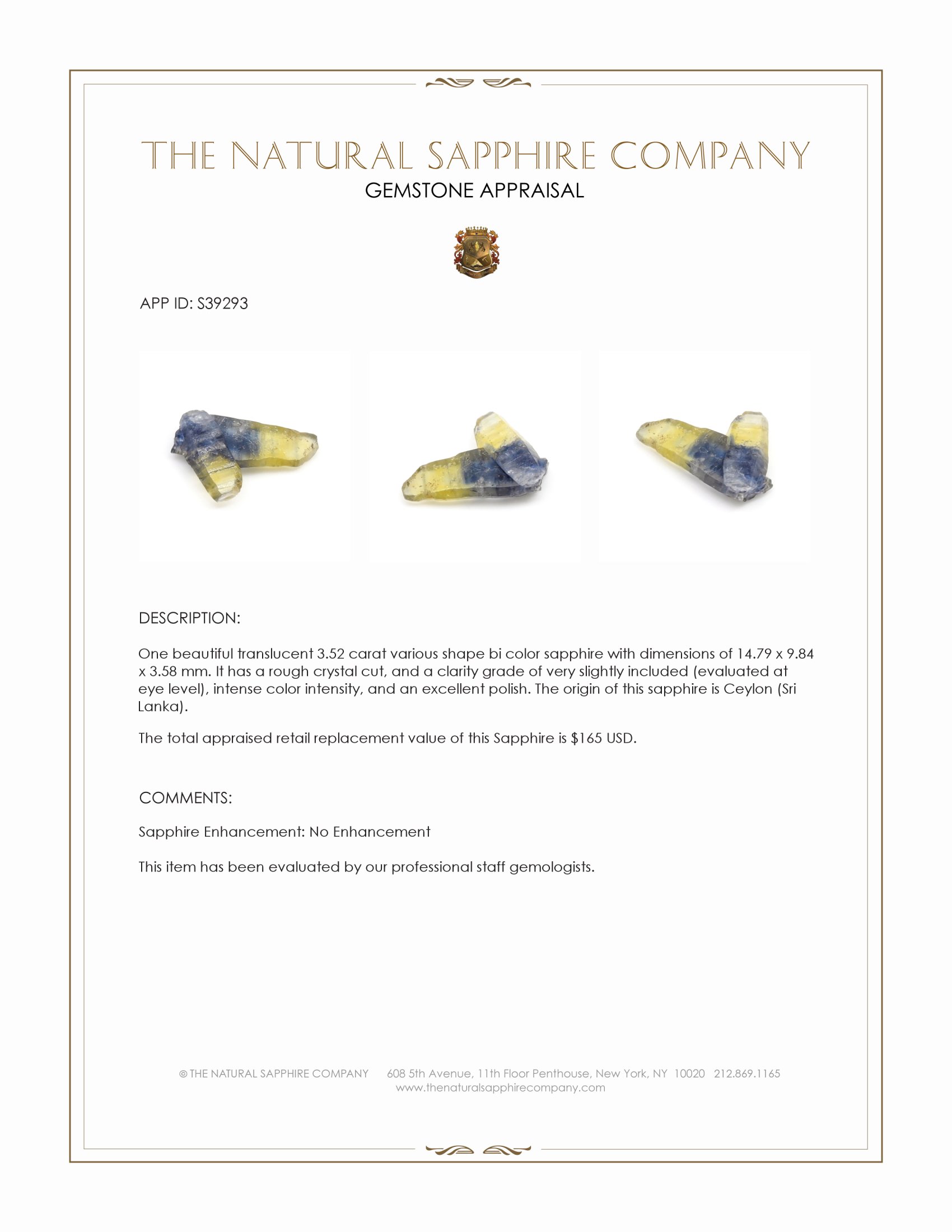 3.52 Ct. Bi Color Sapphire Crystal from Ceylon (Sri Lanka)