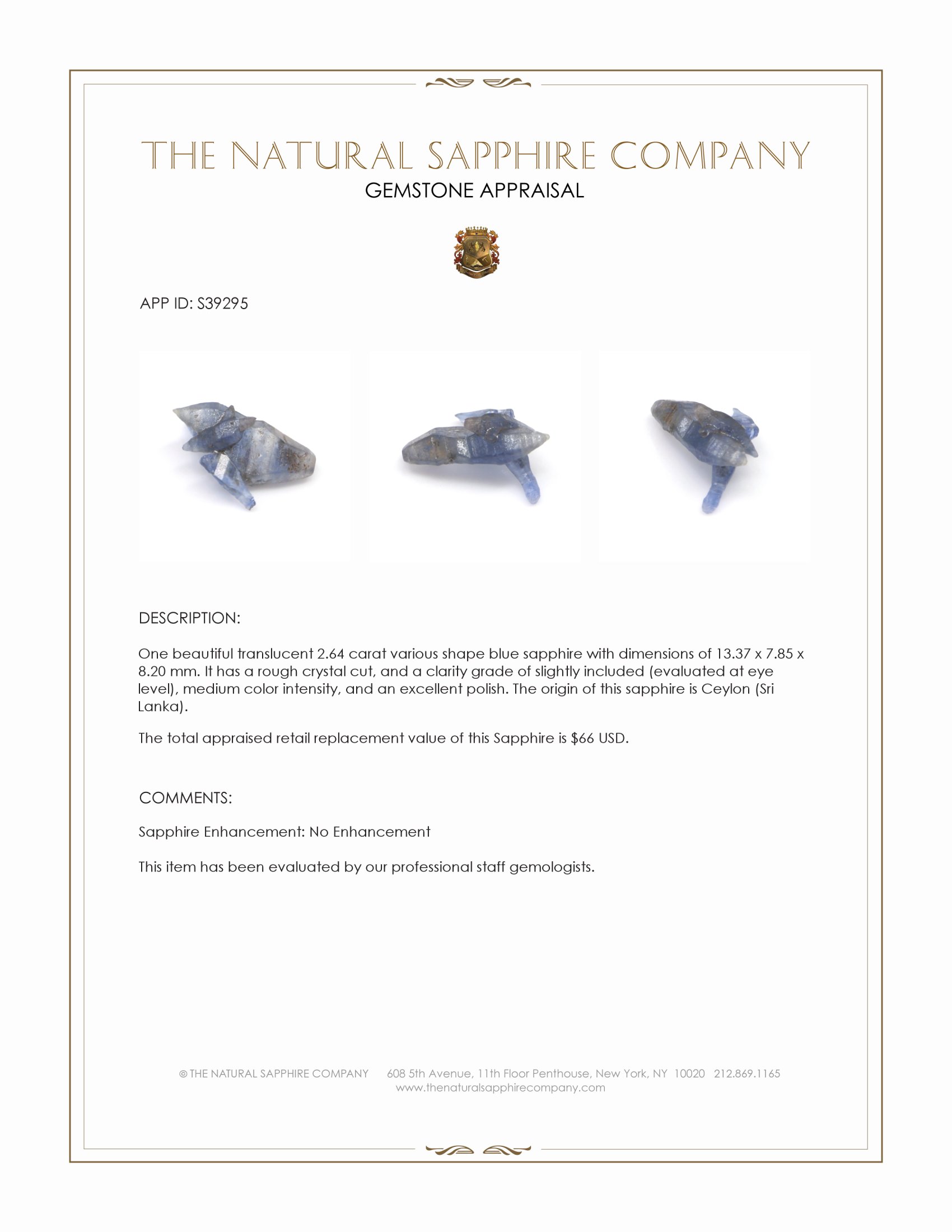 2.64 Ct. Blue Sapphire Crystal from Ceylon (Sri Lanka)