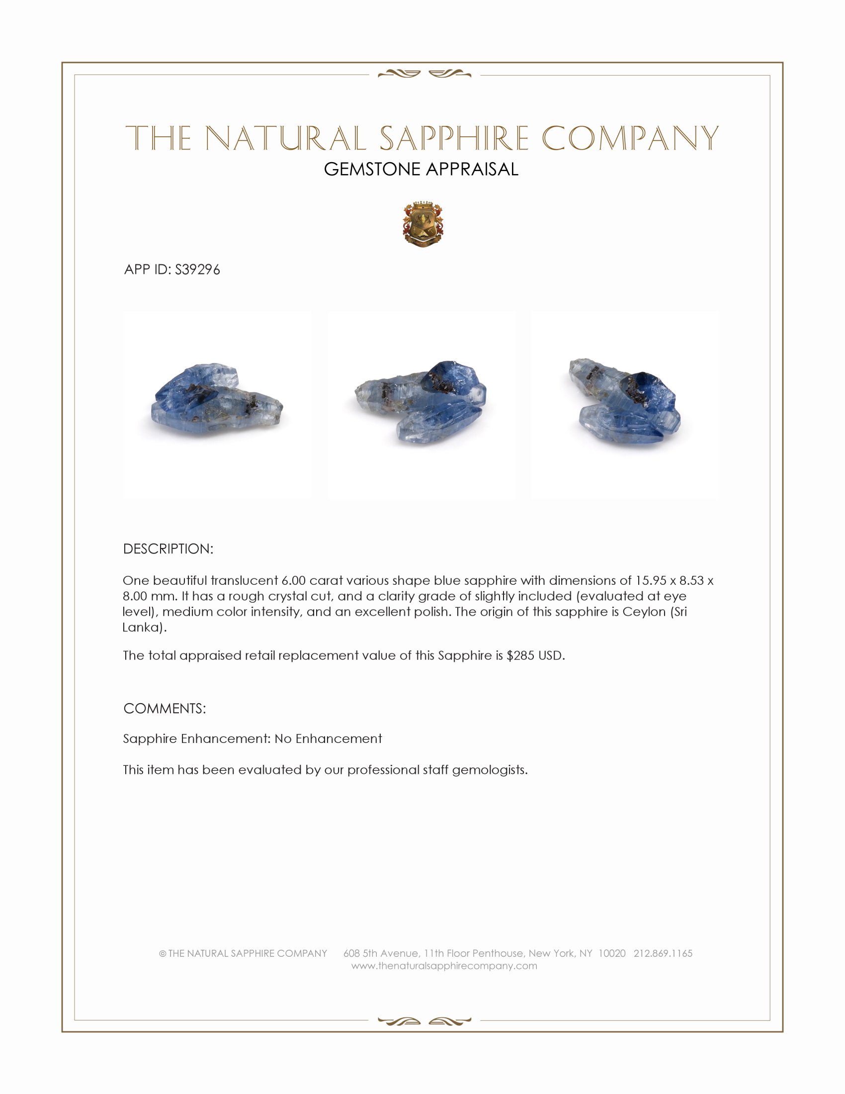 6.00 Ct. Blue Sapphire Crystal from Ceylon (Sri Lanka)
