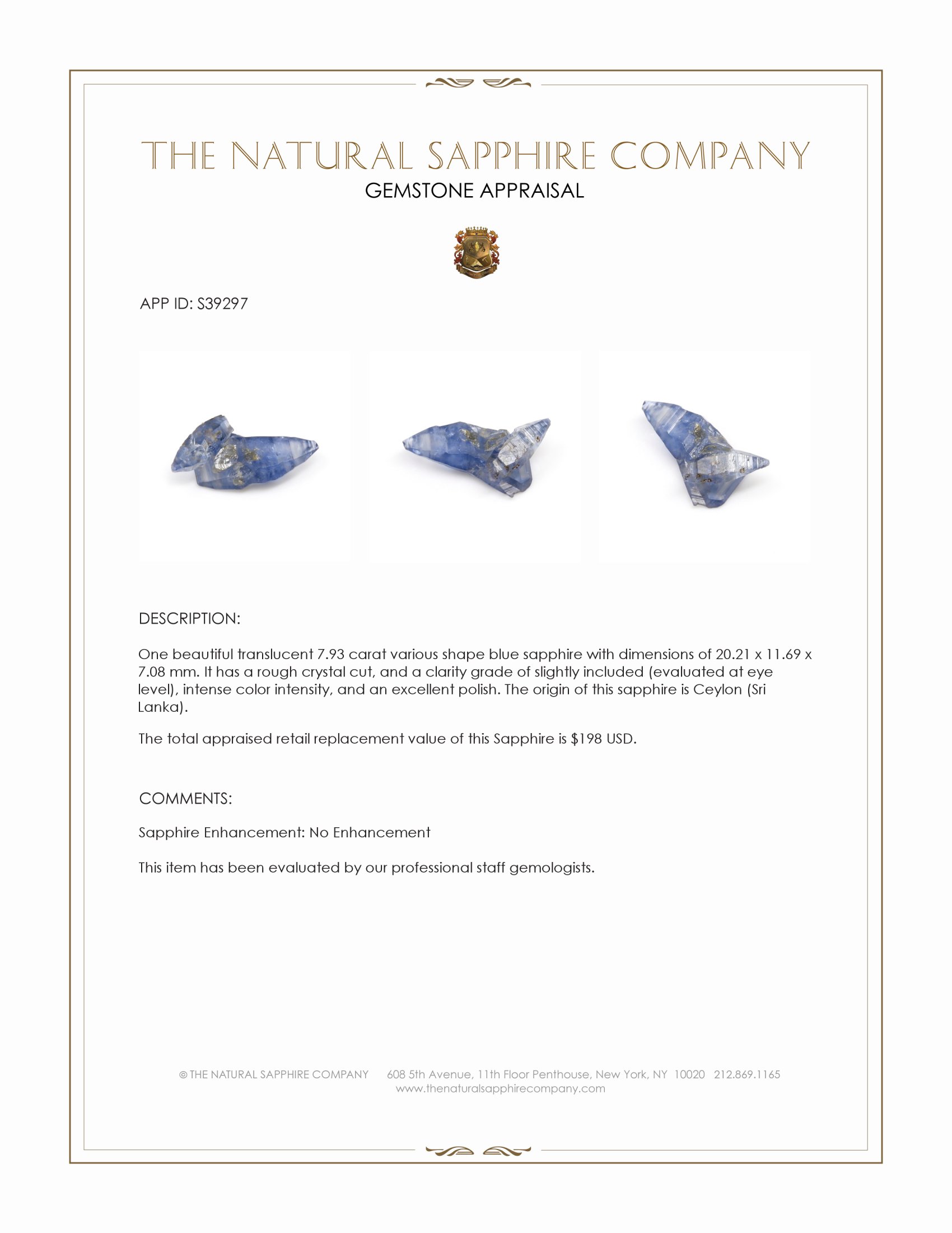 7.93 Ct. Blue Sapphire Crystal from Ceylon (Sri Lanka)
