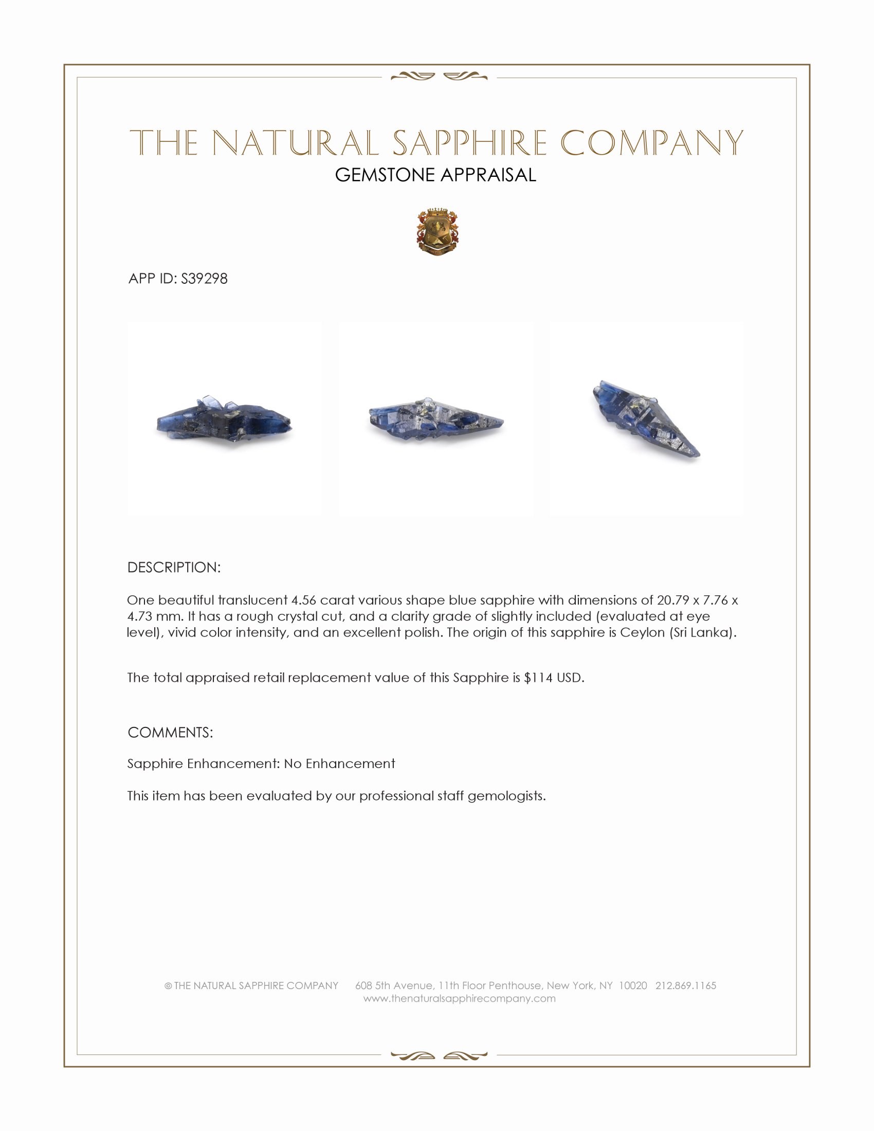 4.56 Ct. Blue Sapphire Crystal from Ceylon (Sri Lanka)