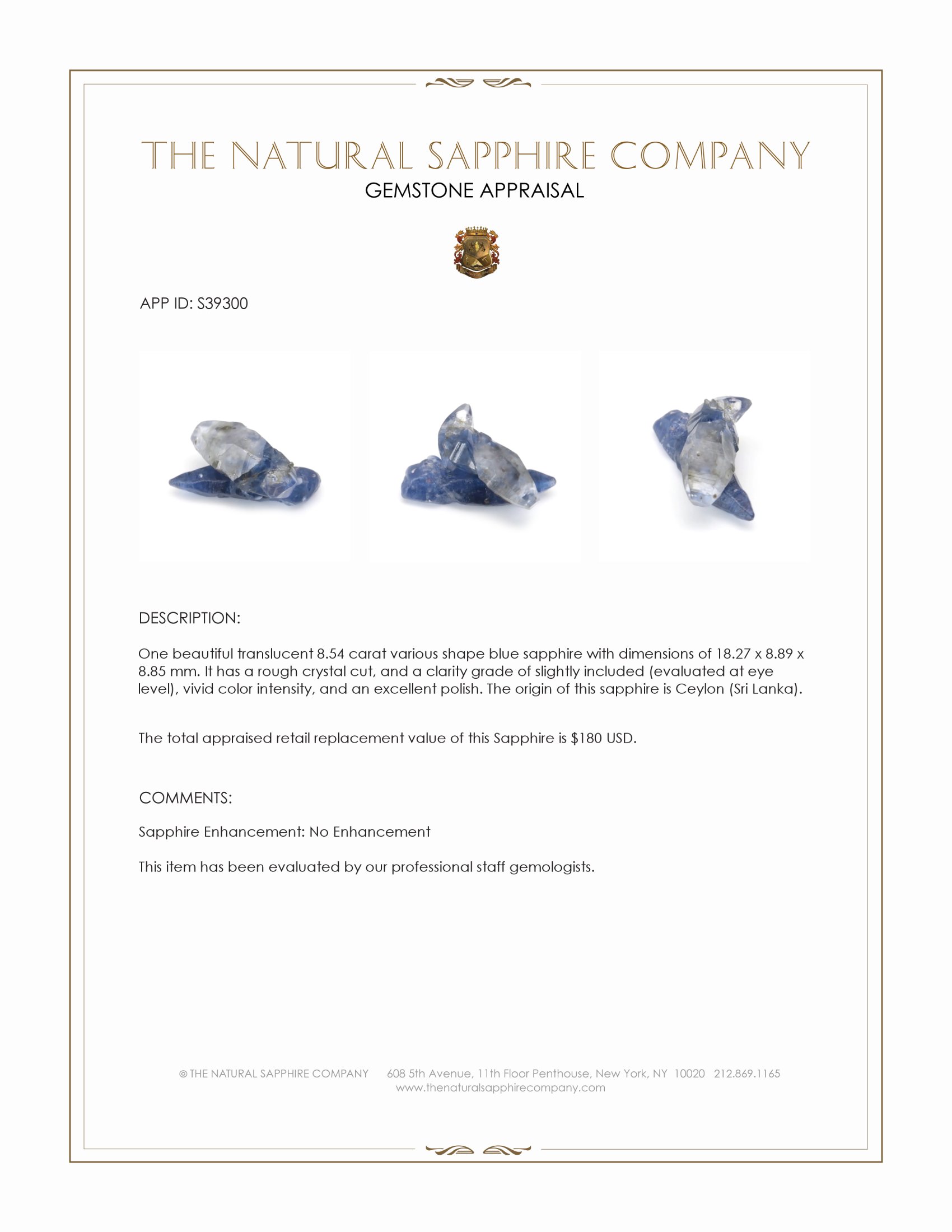 8.54 Ct. Blue Sapphire Crystal from Ceylon (Sri Lanka)