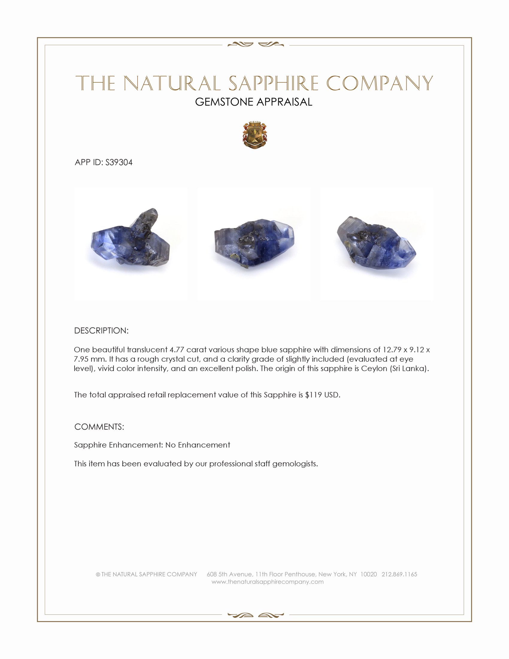 4.77 Ct. Blue Sapphire Crystal from Ceylon (Sri Lanka)