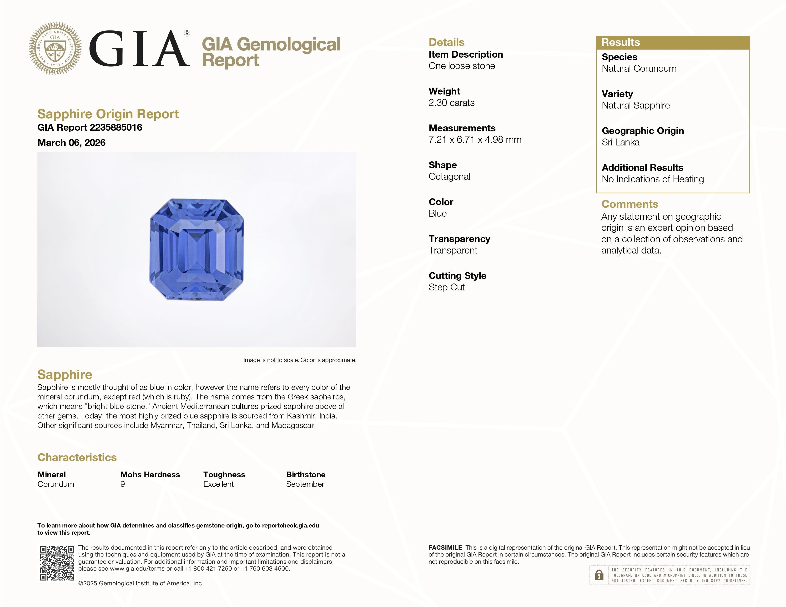 2.30 Ct. Blue Sapphire from Ceylon (Sri Lanka)
