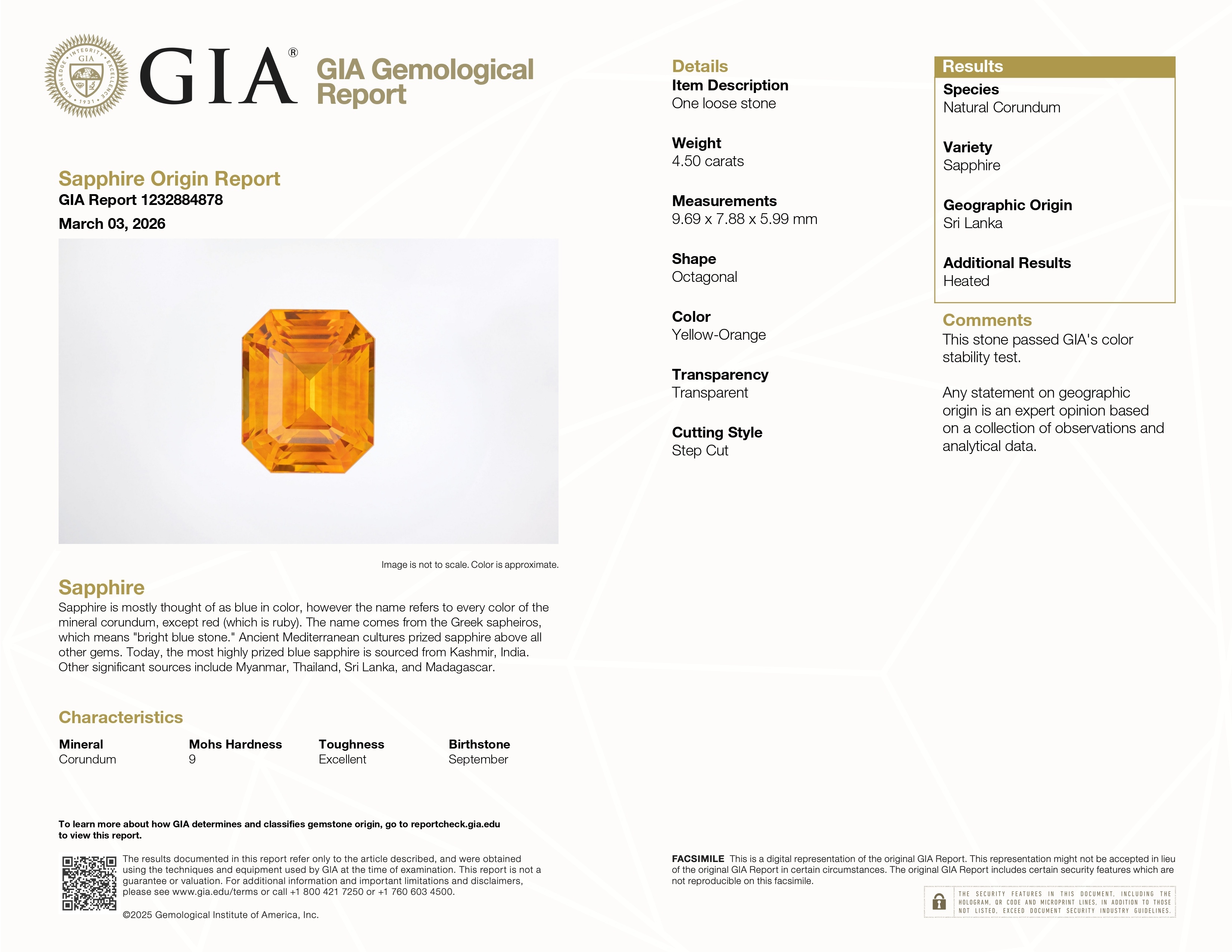4.50 Ct. Yellowish Orange Sapphire from Ceylon (Sri Lanka)