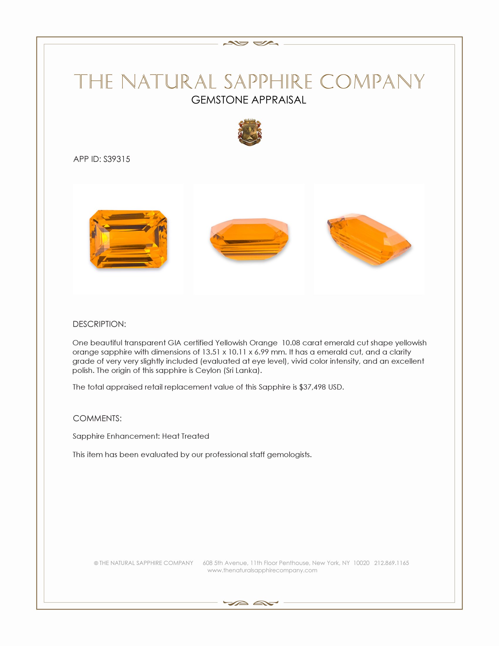 10.08 Ct. Yellowish Orange Sapphire from Ceylon (Sri Lanka)