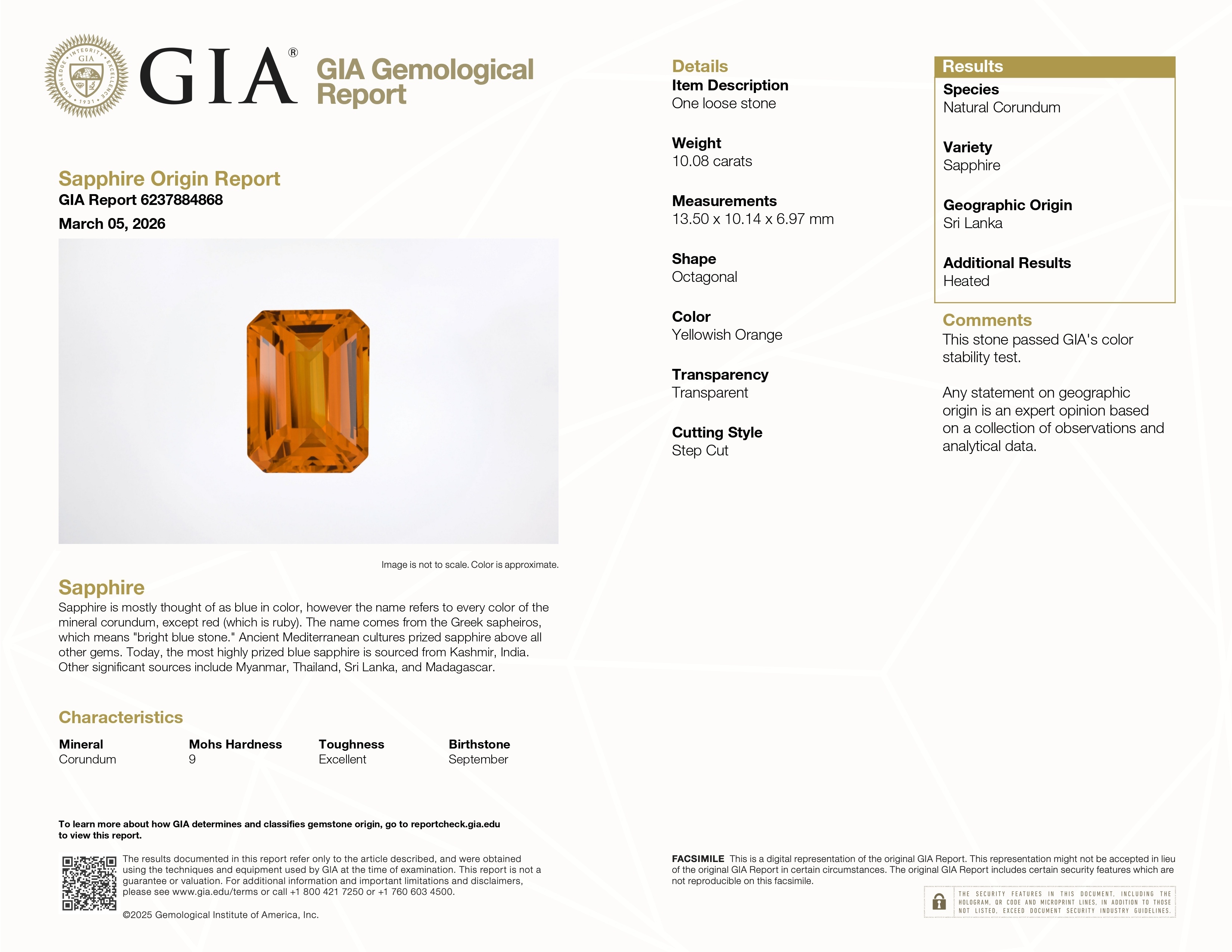10.08 Ct. Yellowish Orange Sapphire from Ceylon (Sri Lanka)
