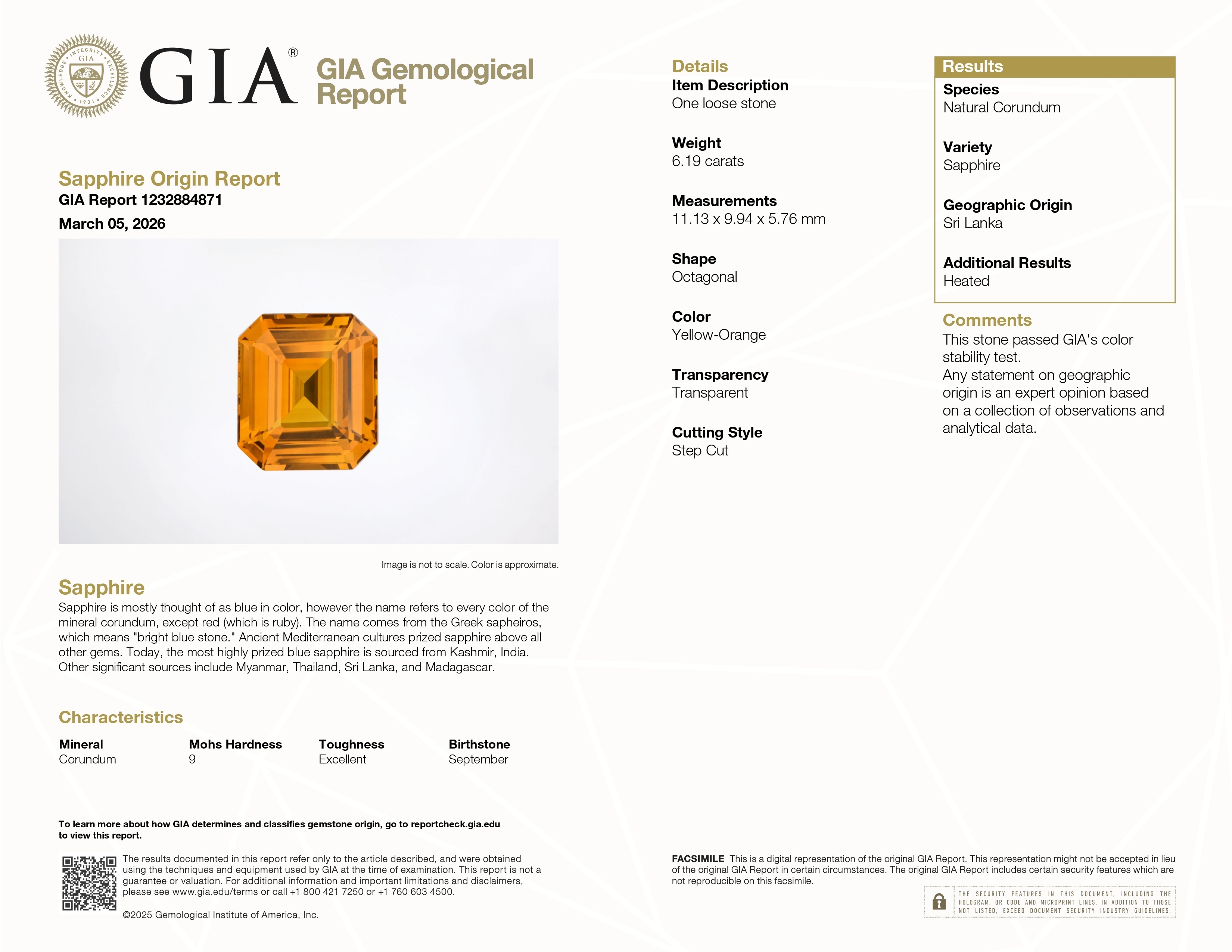 6.19 Ct. Yellowish Orange Sapphire from Ceylon (Sri Lanka)