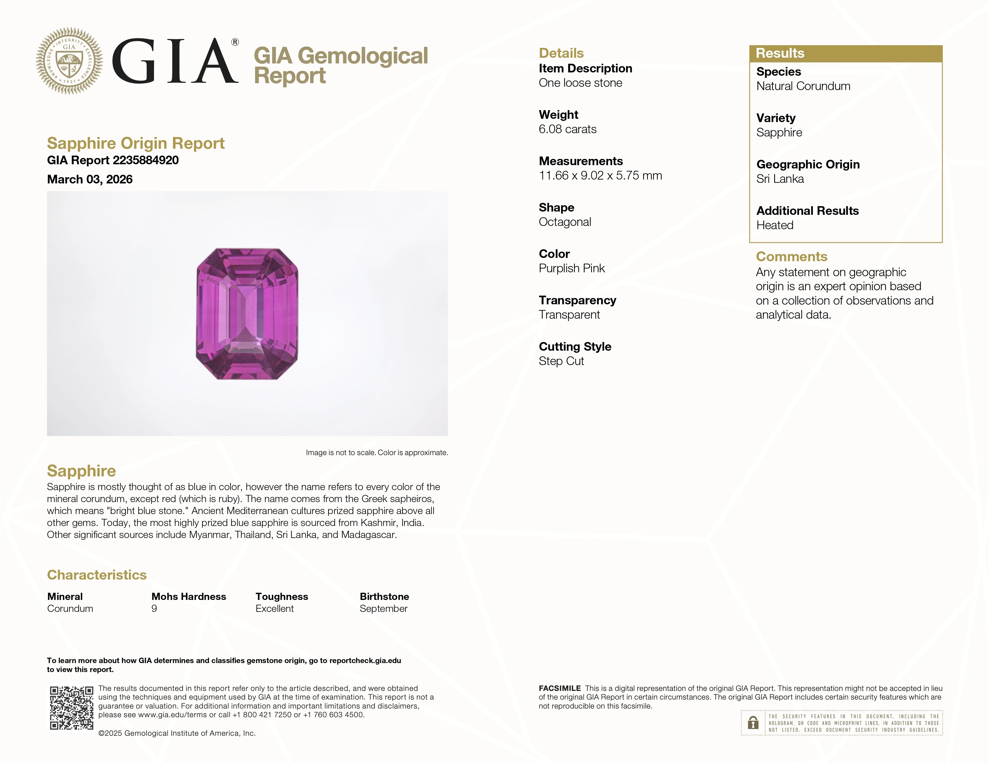 6.08 Ct. Purplish Pink Sapphire from Ceylon (Sri Lanka)