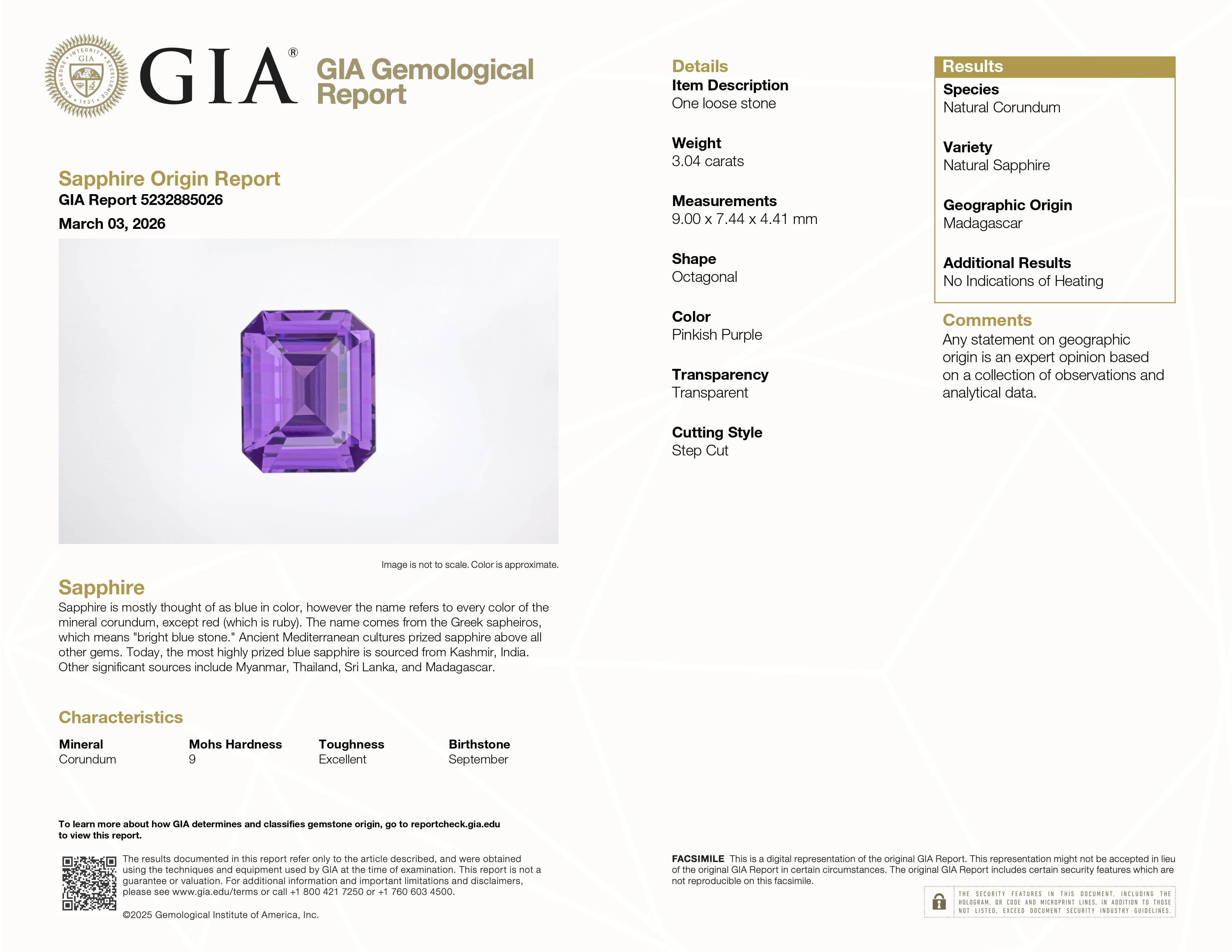 3.04 Ct. Pinkish Purple Sapphire from Madagascar