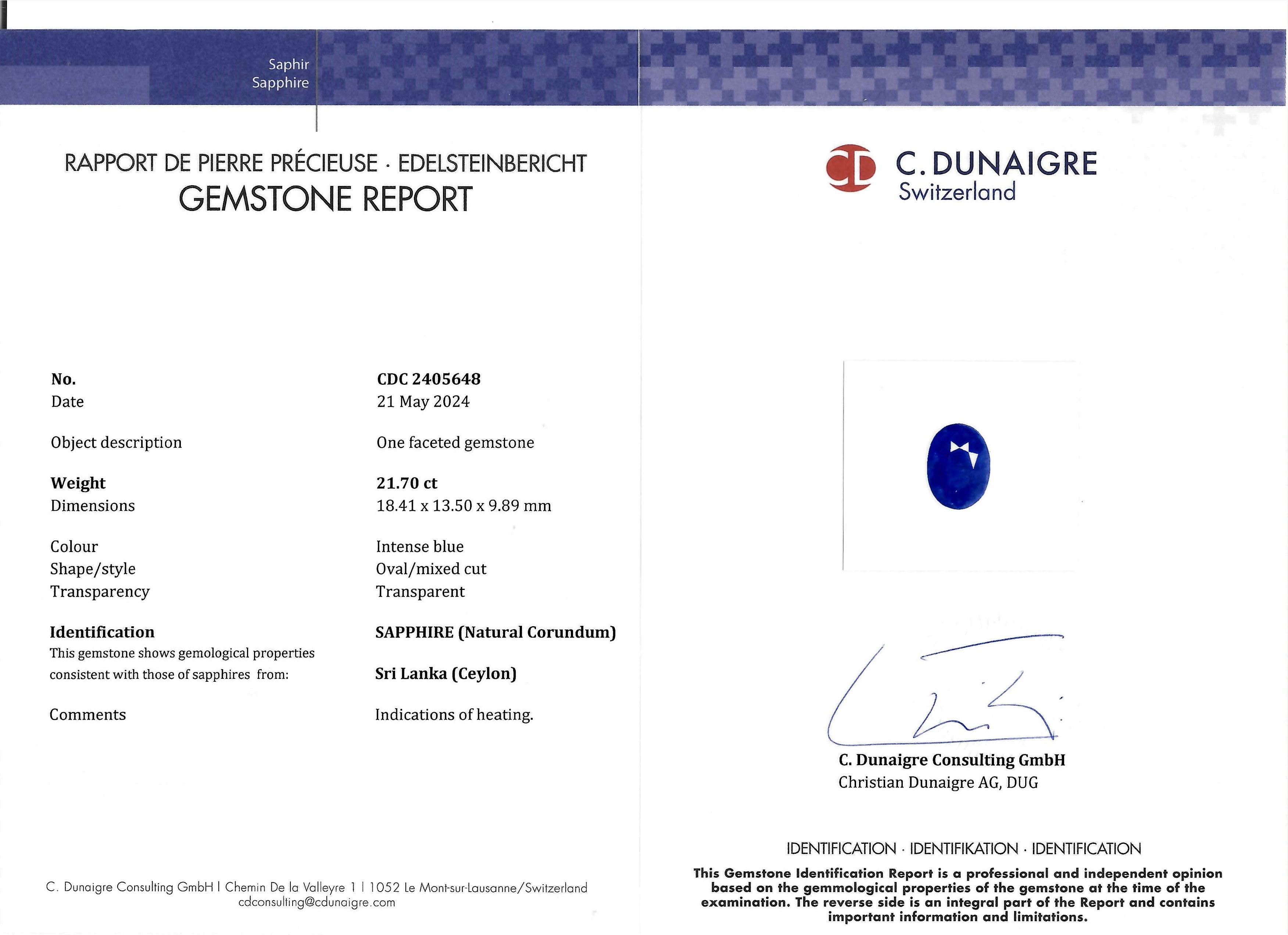 21.70 Ct. Blue Sapphire from Ceylon (Sri Lanka)