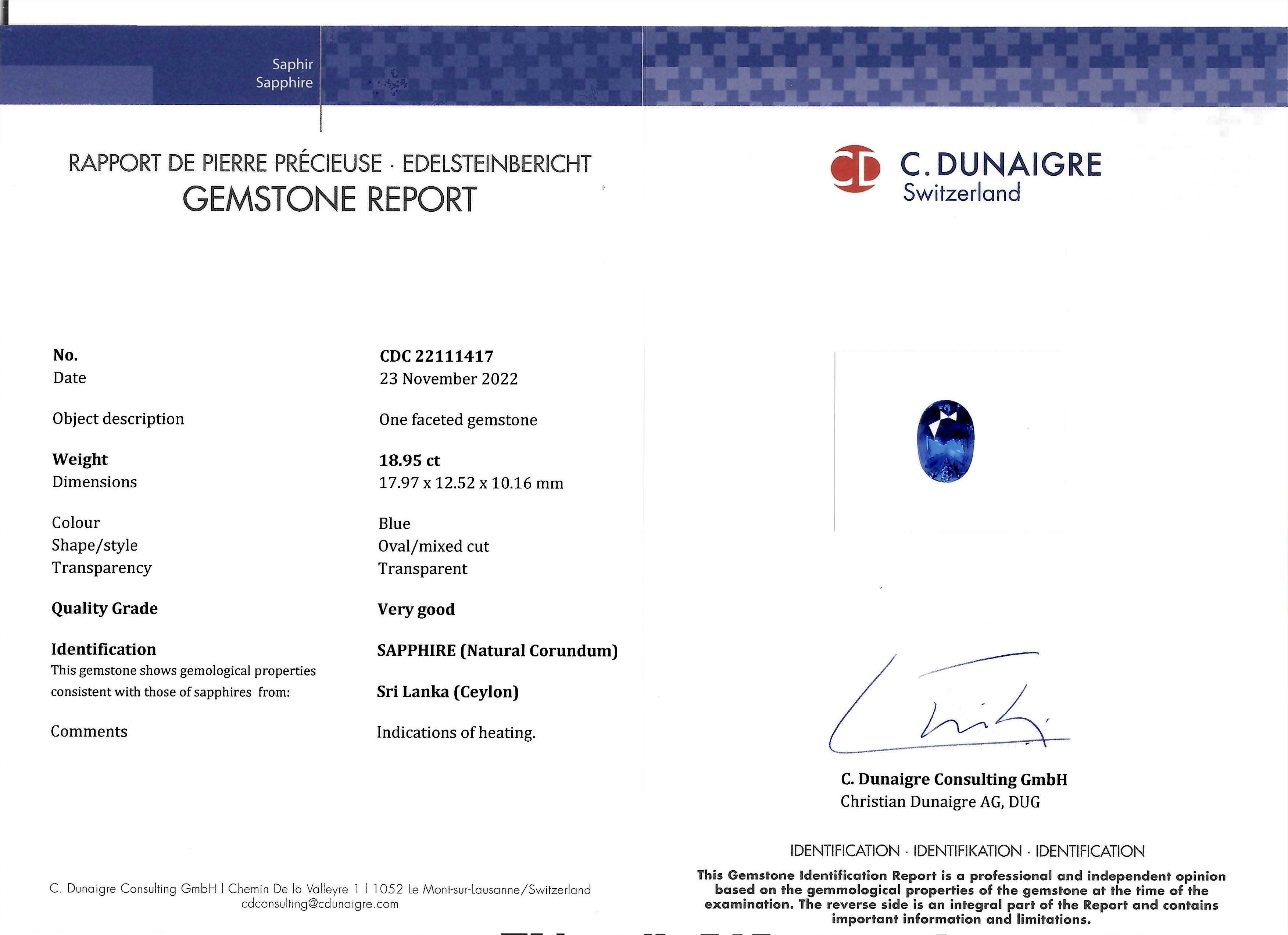 18.95 Ct. Blue Sapphire from Ceylon (Sri Lanka)