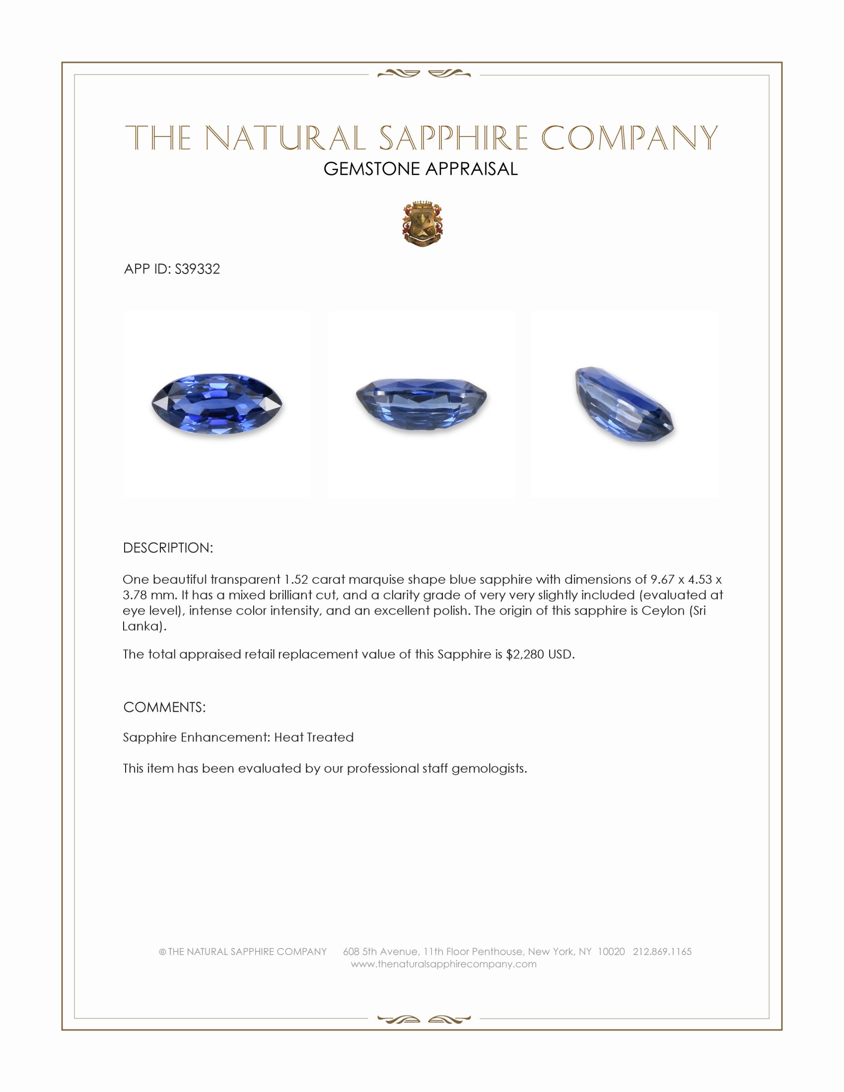 1.52 Ct. Blue Sapphire from Ceylon (Sri Lanka)