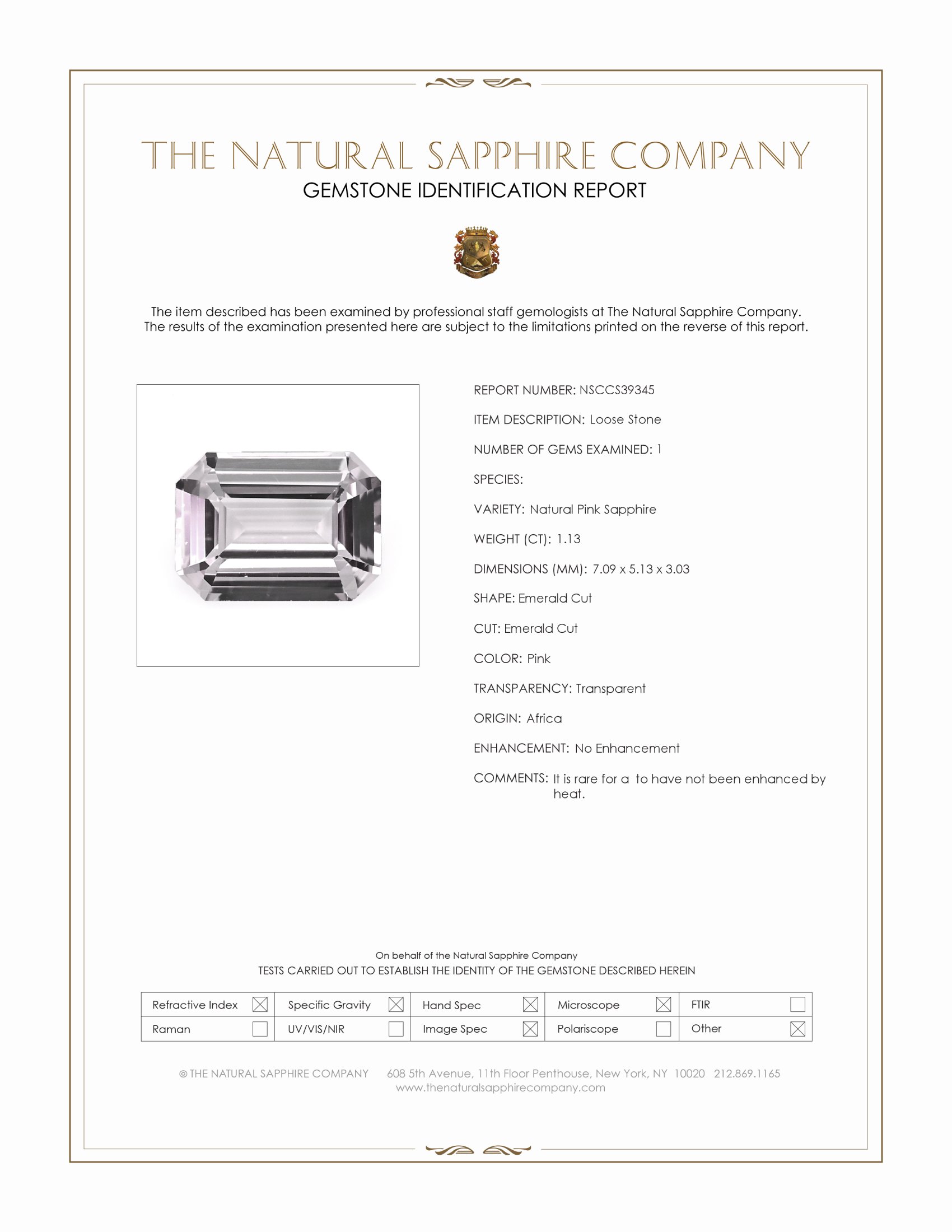1.13 Ct. Pink Sapphire from Africa