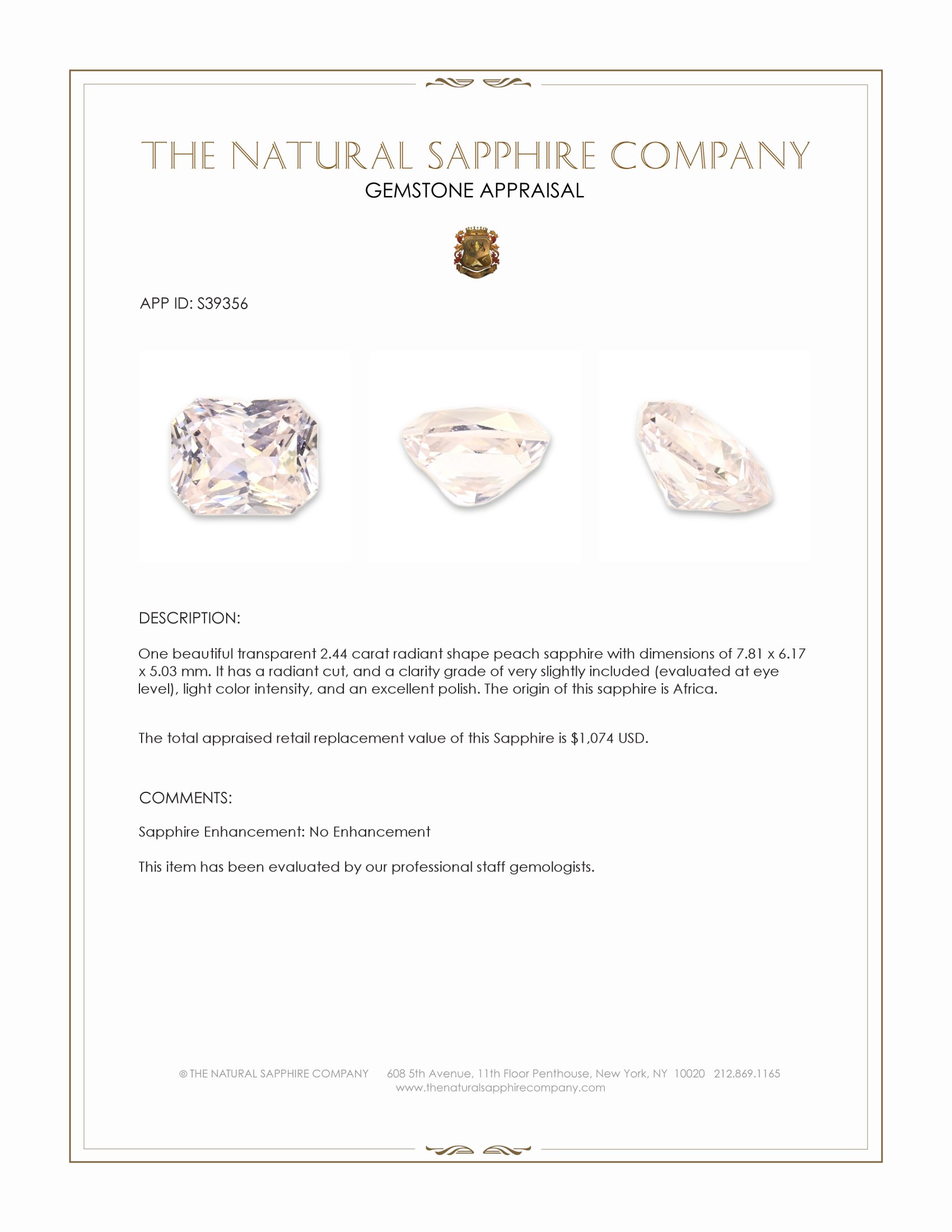 2.44 Ct. Peach Sapphire from Africa
