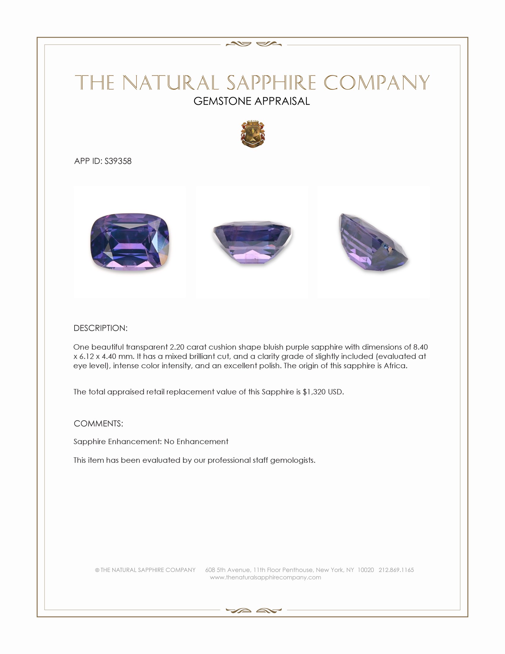 2.20 Ct. Bluish Purple Sapphire from Africa