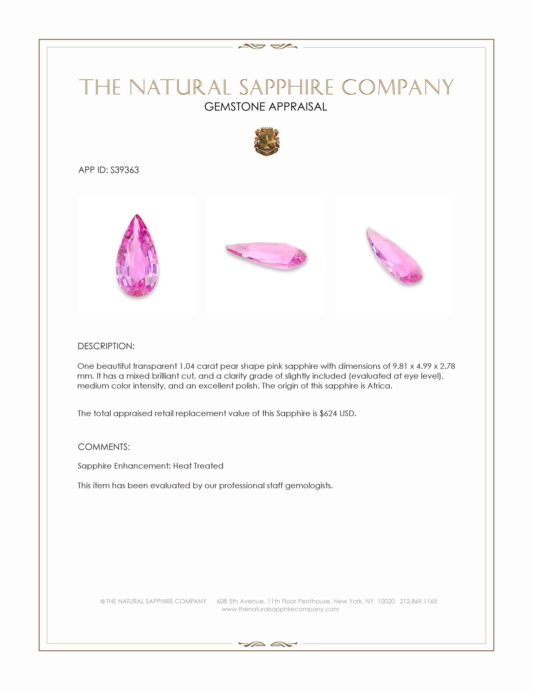 1.04 Ct. Pink Sapphire from Africa