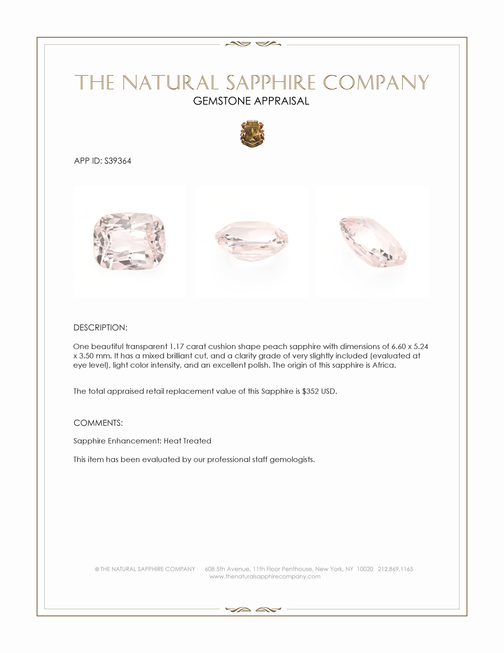 1.17 Ct. Peach Sapphire from Africa