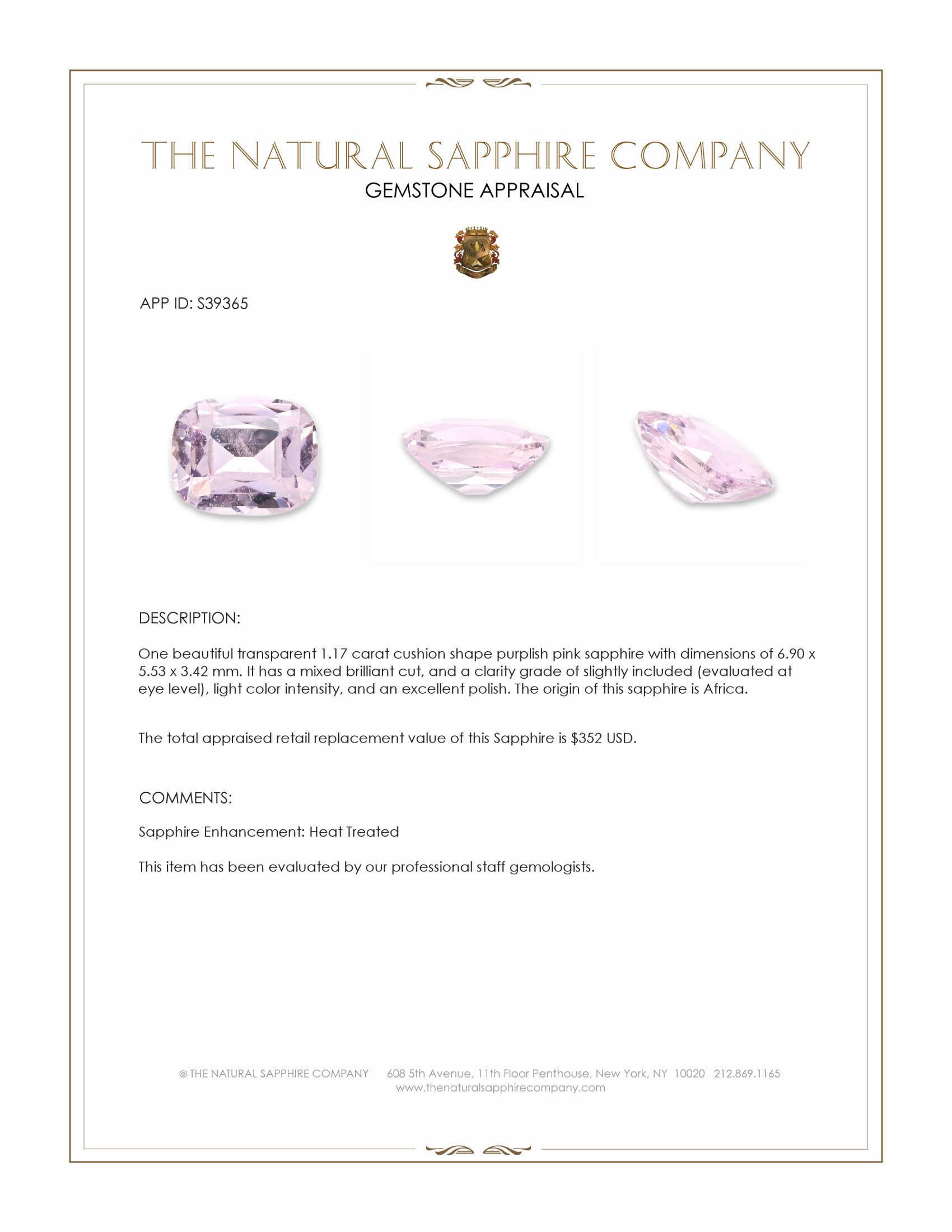 1.17 Ct. Purplish Pink Sapphire from Africa
