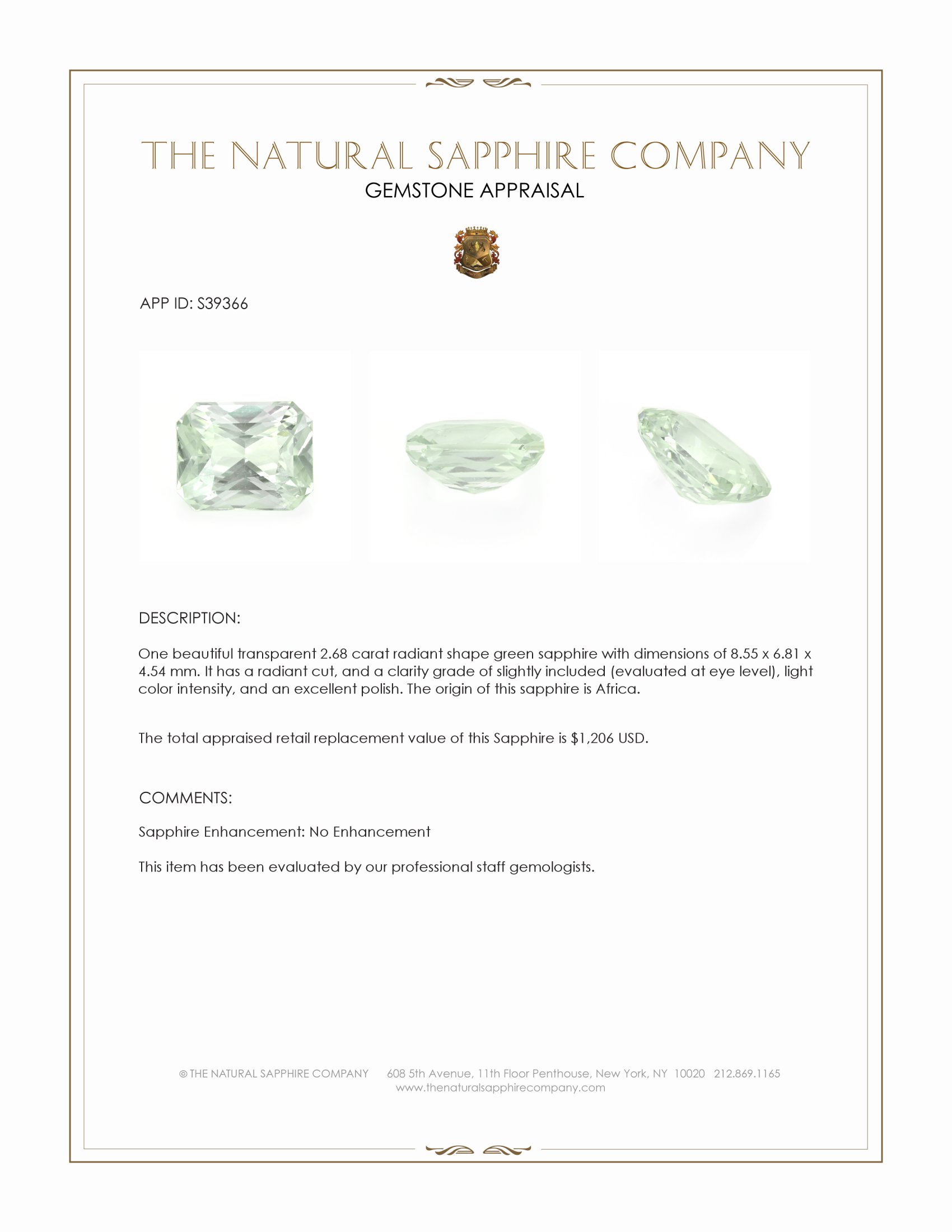 2.68 Ct. Green Sapphire from Africa