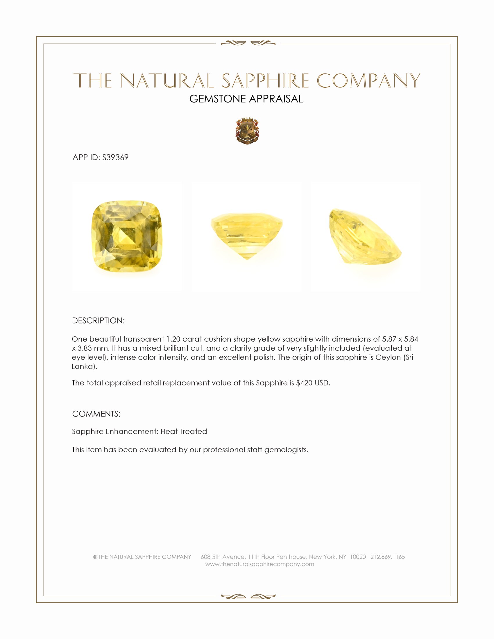1.20 Ct. Yellow Sapphire from Ceylon (Sri Lanka)