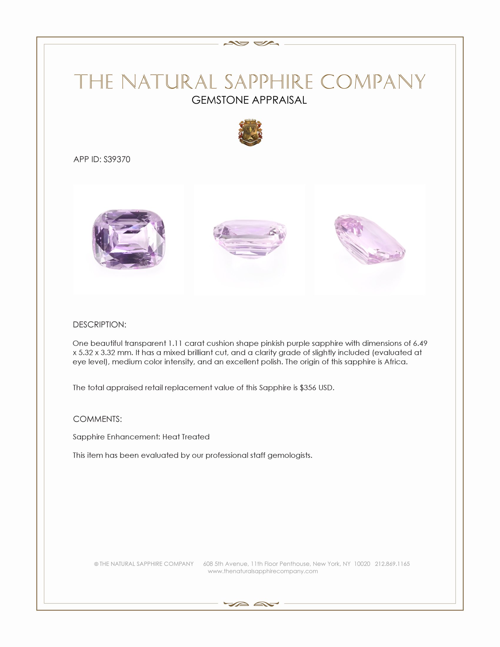 1.11 Ct. Pinkish Purple Sapphire from Africa