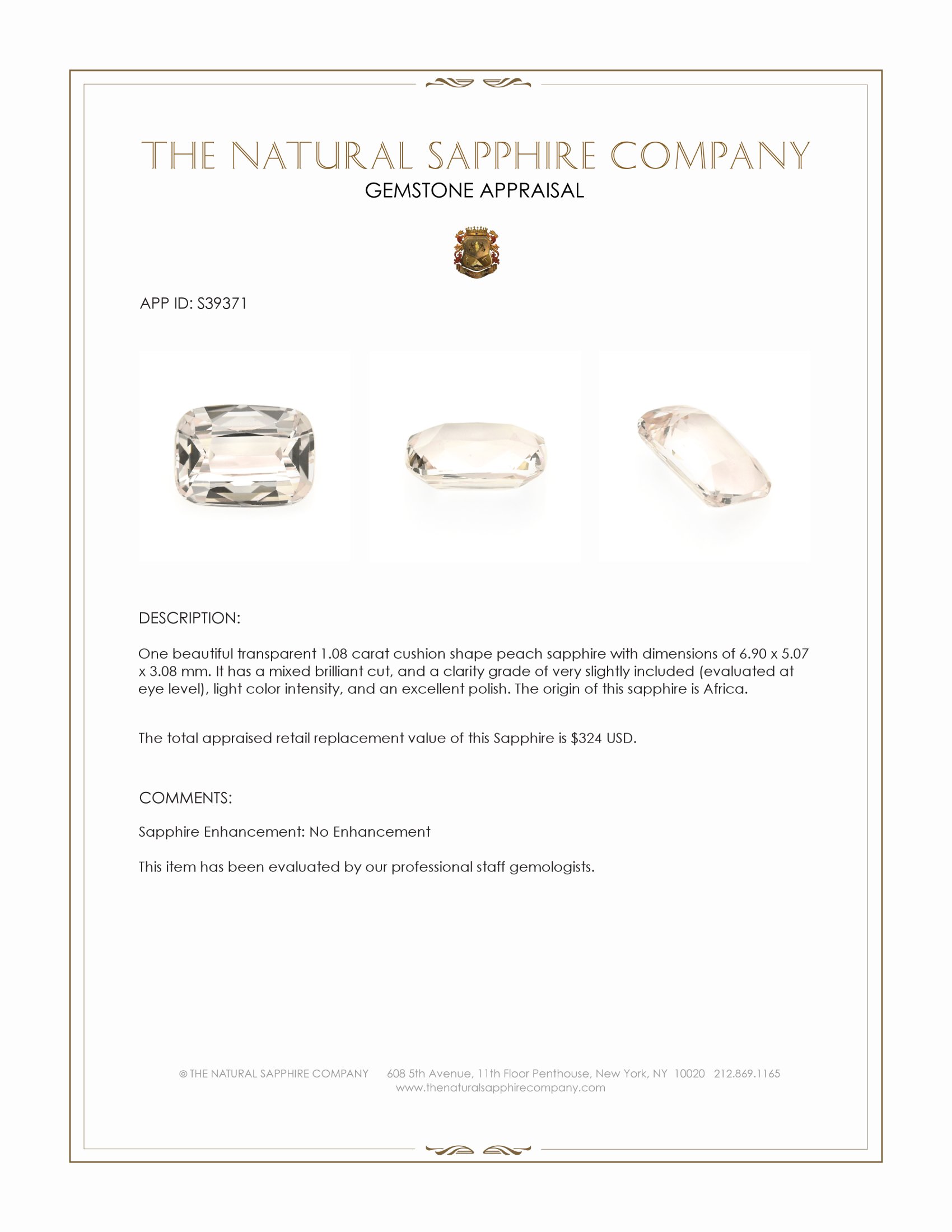 1.08 Ct. Peach Sapphire from Africa