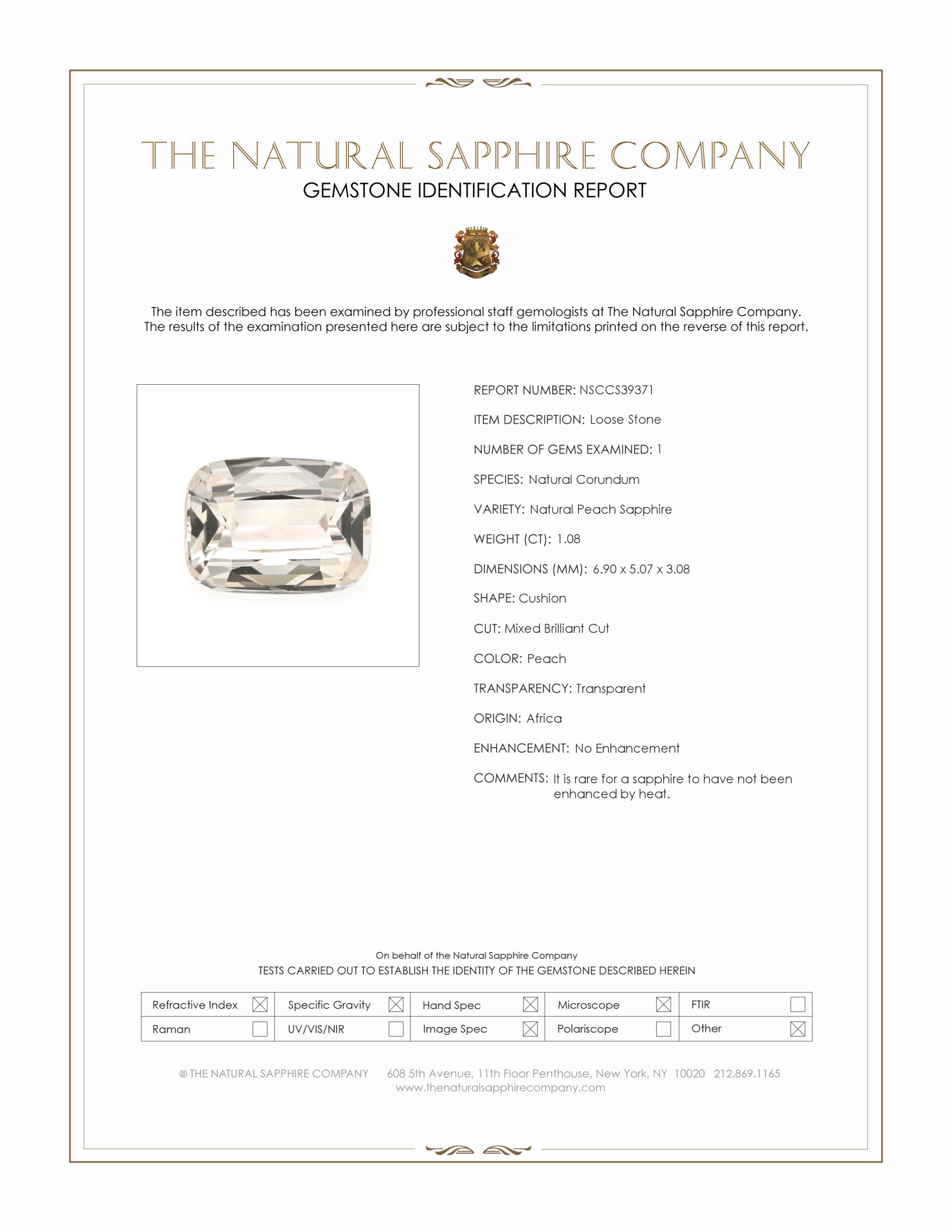 1.08 Ct. Peach Sapphire from Africa