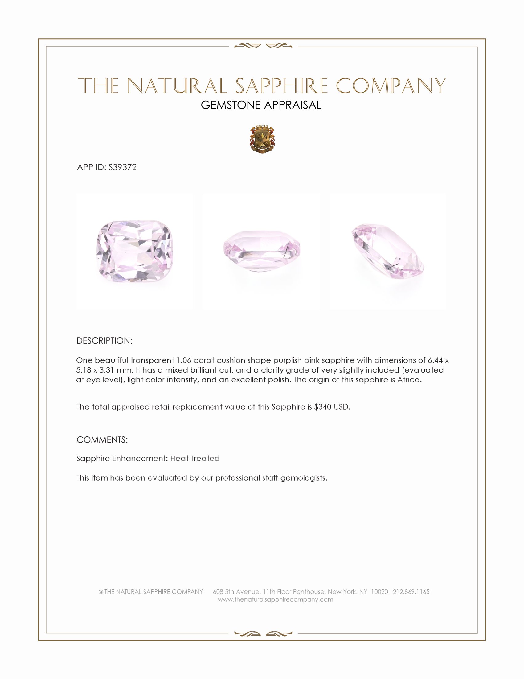 1.06 Ct. Purplish Pink Sapphire from Africa
