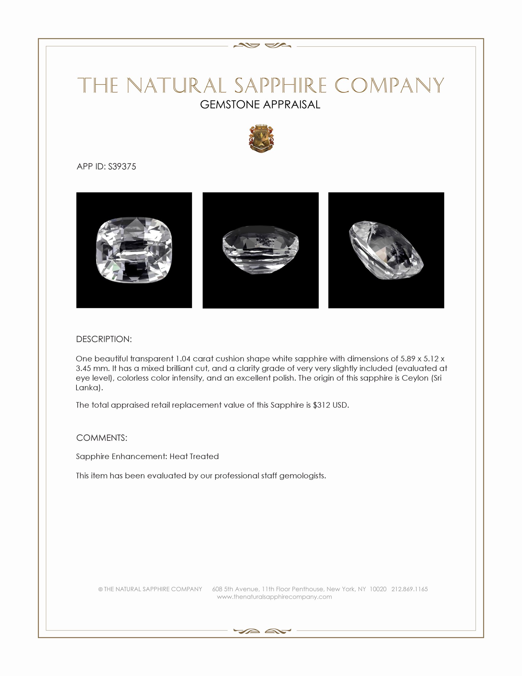 1.04 Ct. White Sapphire from Ceylon (Sri Lanka)