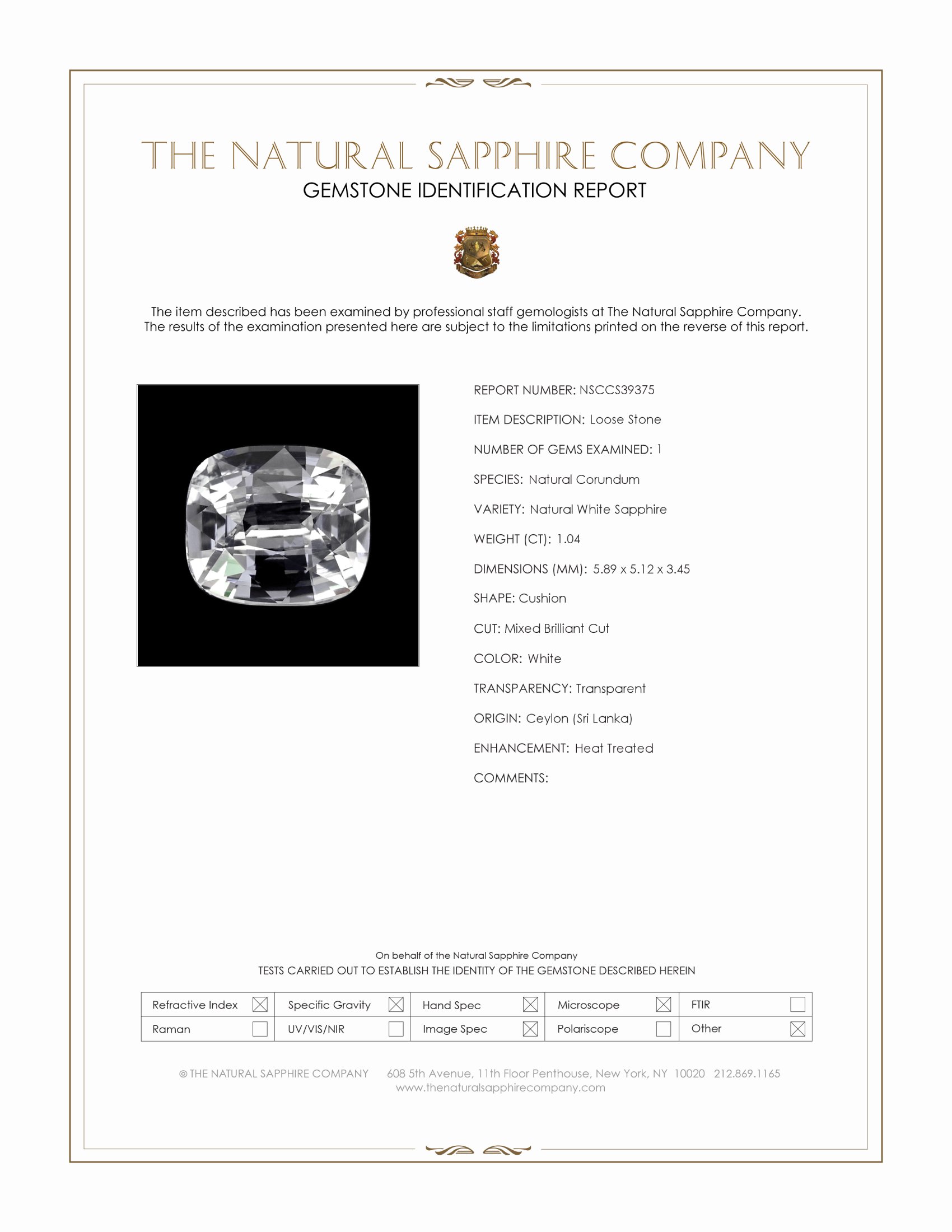 1.04 Ct. White Sapphire from Ceylon (Sri Lanka)