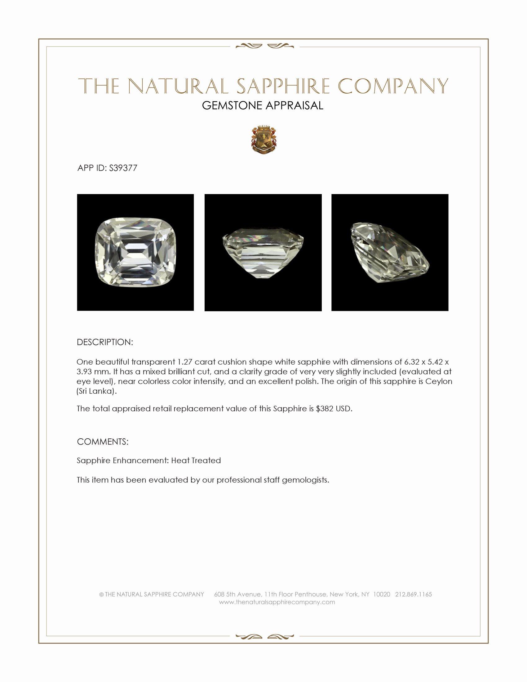 1.27 Ct. White Sapphire from Ceylon (Sri Lanka)
